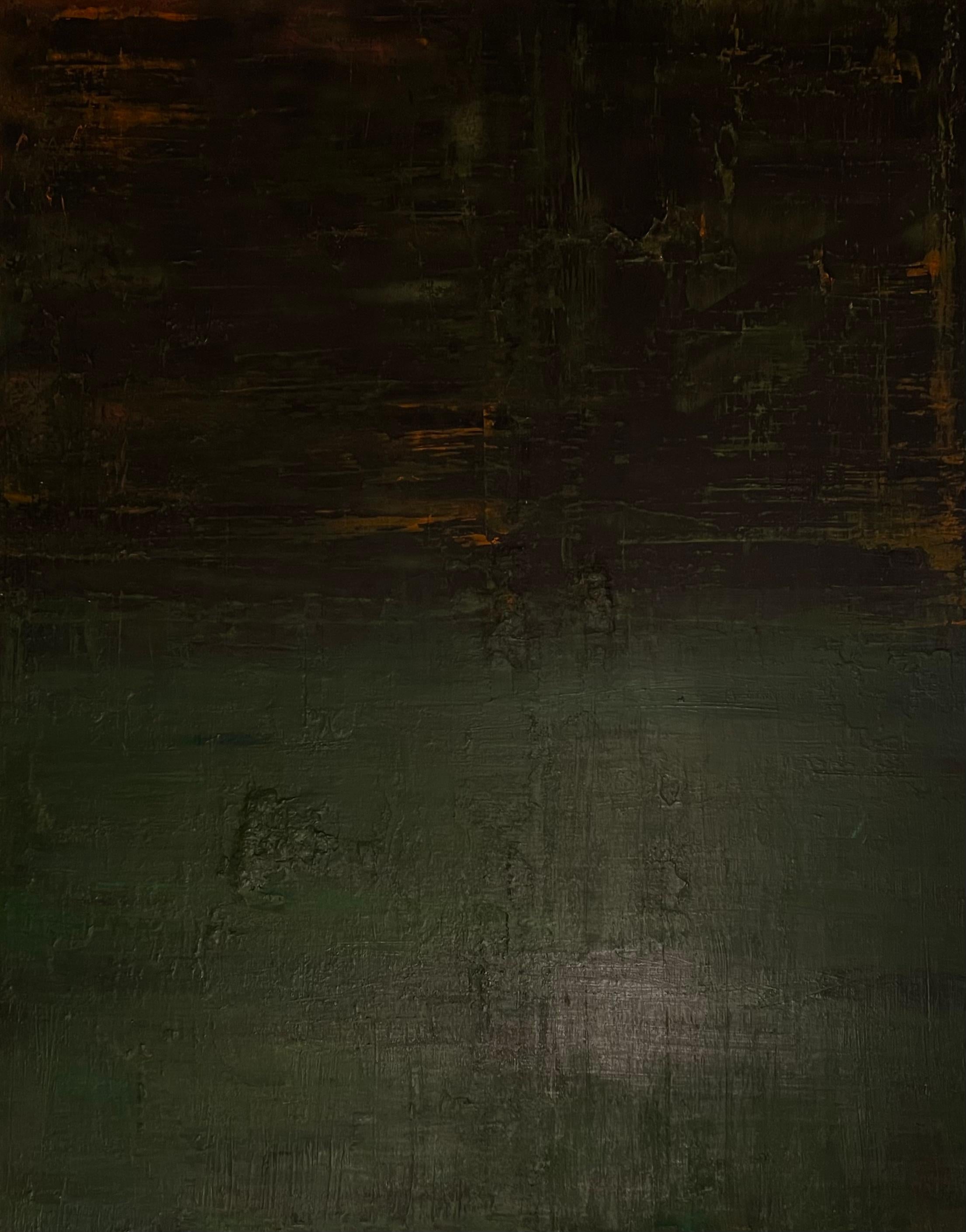 In 'Nocturnal Whispers,' the enigmatic Swedish abstract painter Frida Willis delves into the realm of darkness, conjuring a haunting and introspective dreamscape. The canvas is awash with a spectral palette of green, black, and orange, melding