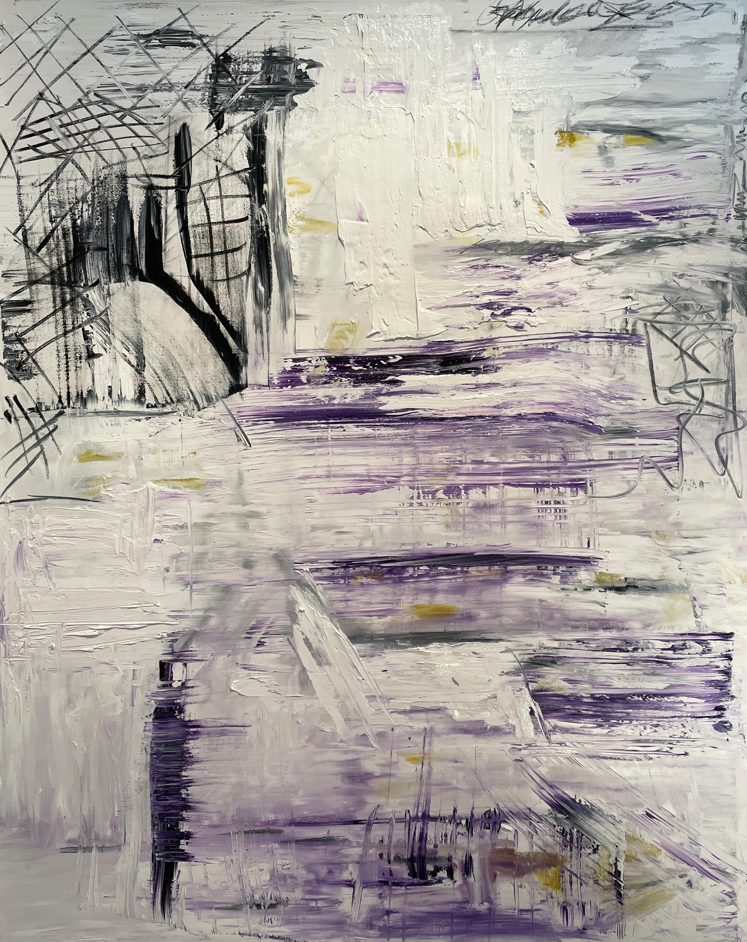 Frida Willis's "Peace" is a 60" x 48" oil on canvas that embodies the raw energy and spontaneity of contemporary abstract expressionism. The piece is swathed in a palette of cool lilac and rich purple, intermingled with bold strokes of contrasting