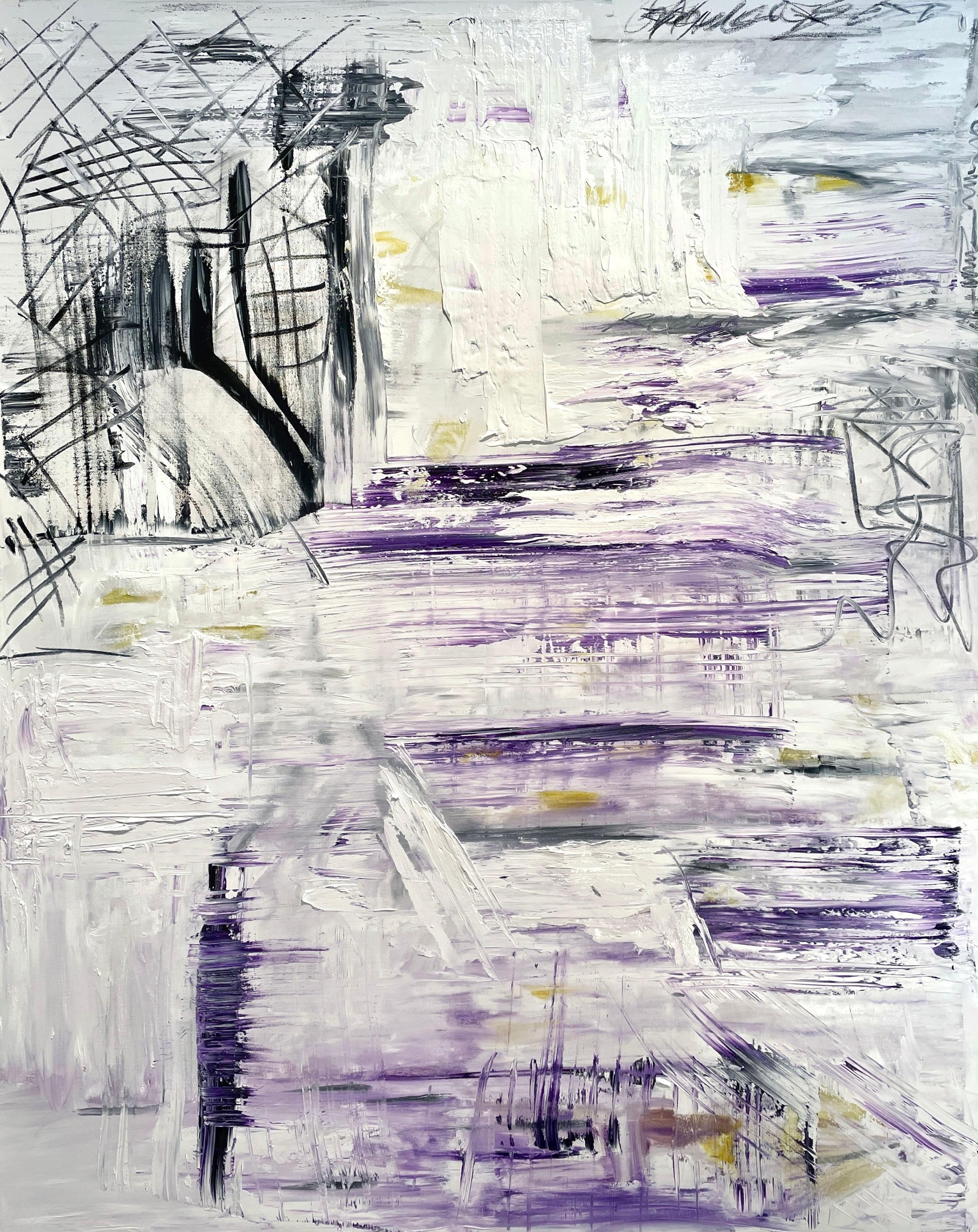 "Peace" di Frida Willis - Grande astratto contemporaneo in viola, bianco e nero