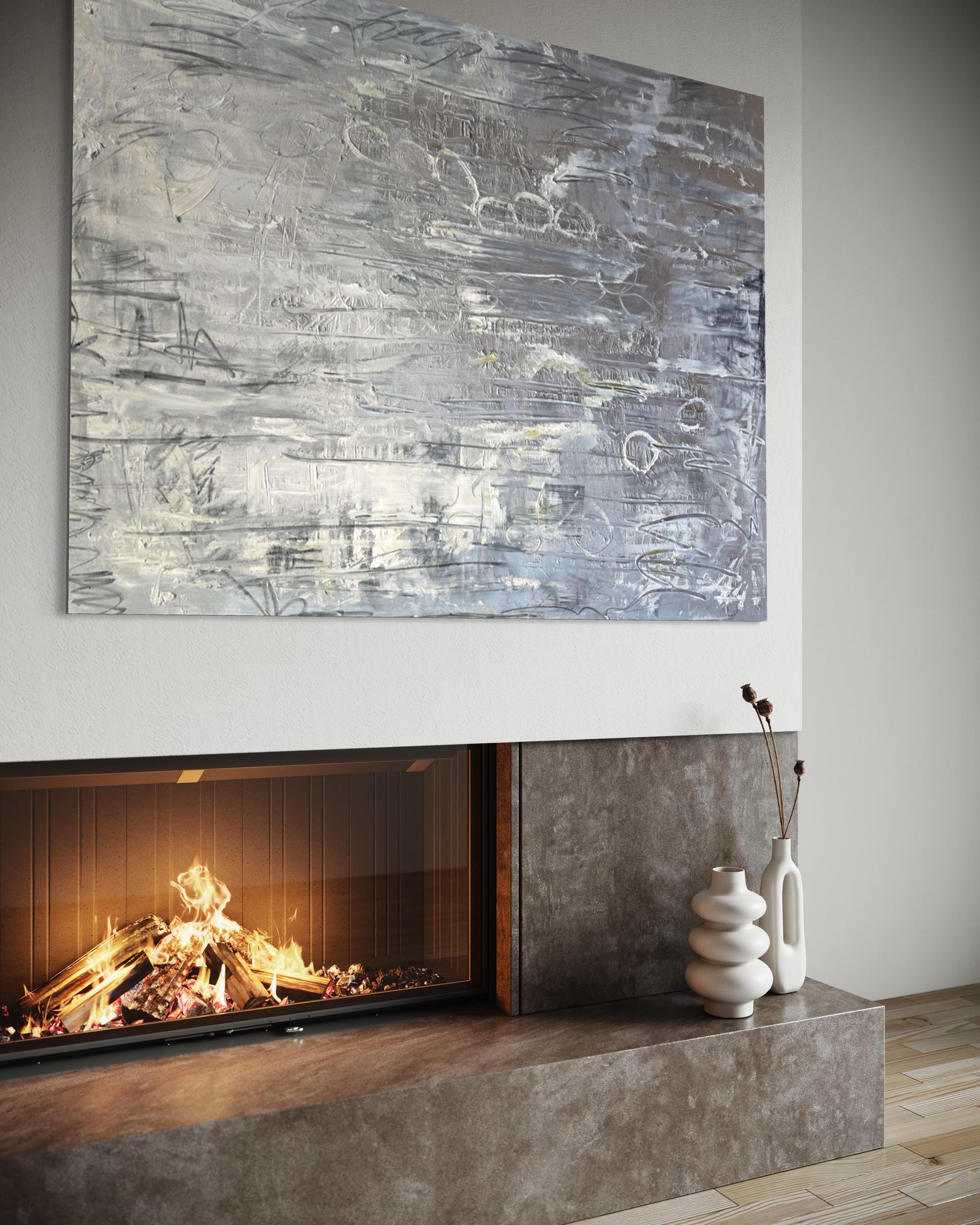 « Platine » de Frida Willis - Grande peinture abstraite en argent et platine en vente 11