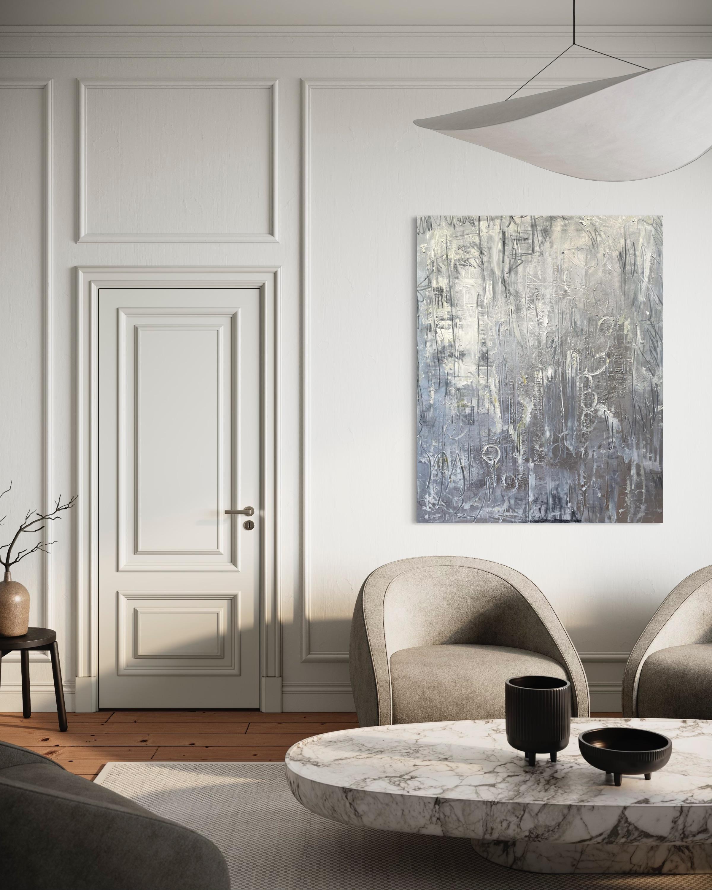 « Platine » de Frida Willis - Grande peinture abstraite en argent et platine en vente 1