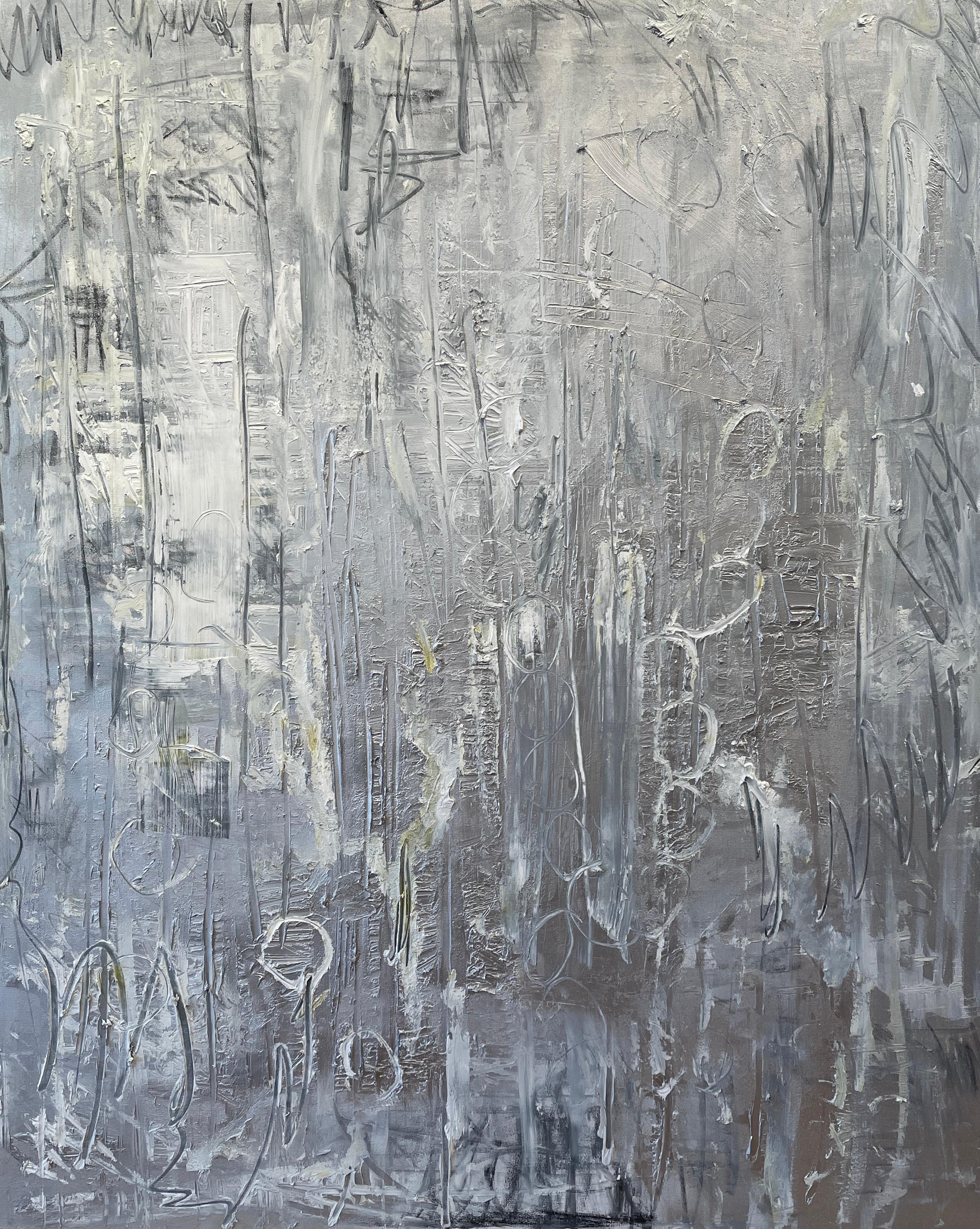Frida Willis Abstract Painting - "Platinum" Large Metallic Silver Contemporary Abstract Mixed Media 