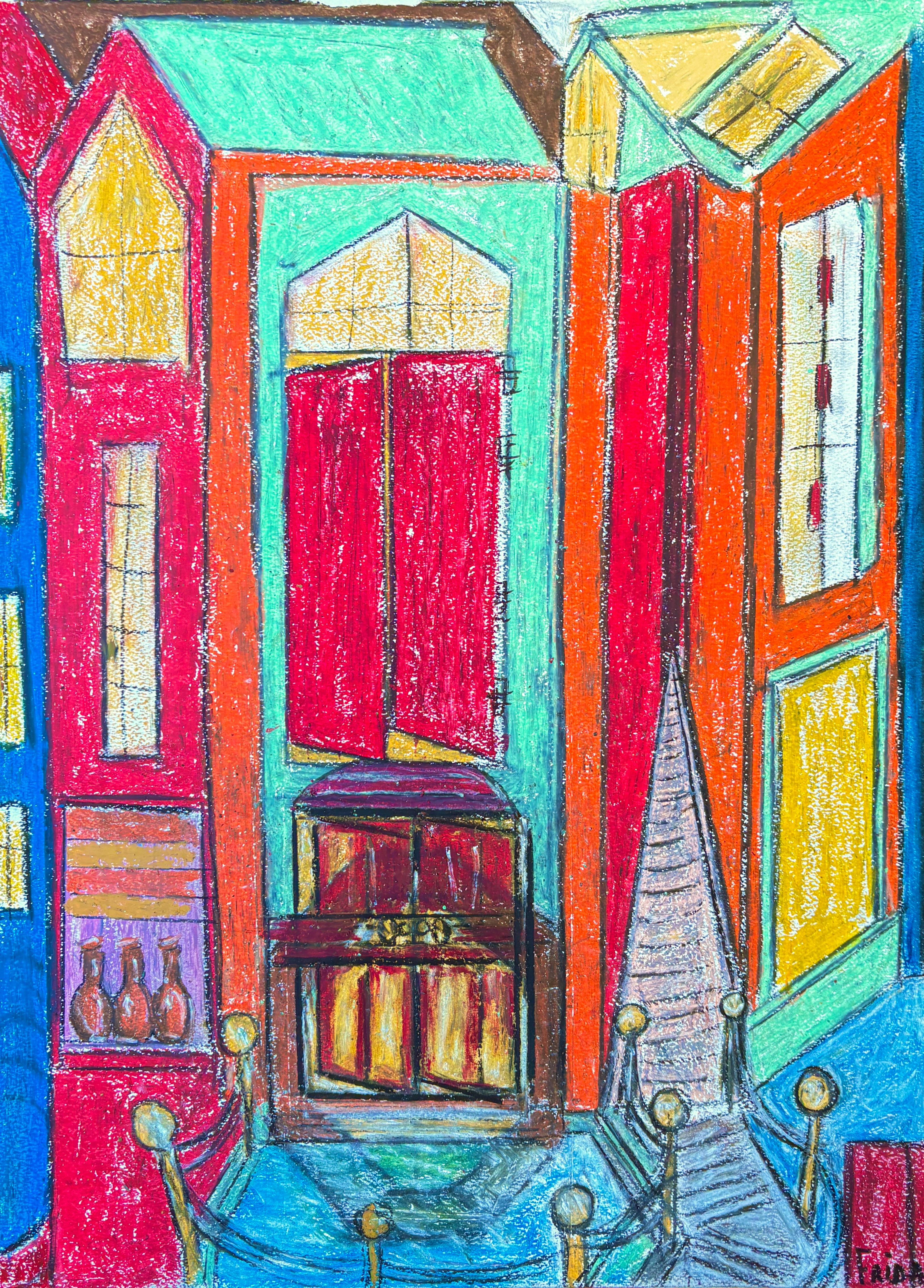 Frida Willis (sueca, nacida en 1971)
"Cena" 2024
Pastel al óleo, Papel
El artista firmó en la parte inferior derecha de la obra.

En "Cena", Frida Willis utiliza un enfoque gráfico y audaz para explorar temas como el espacio, la anticipación y la