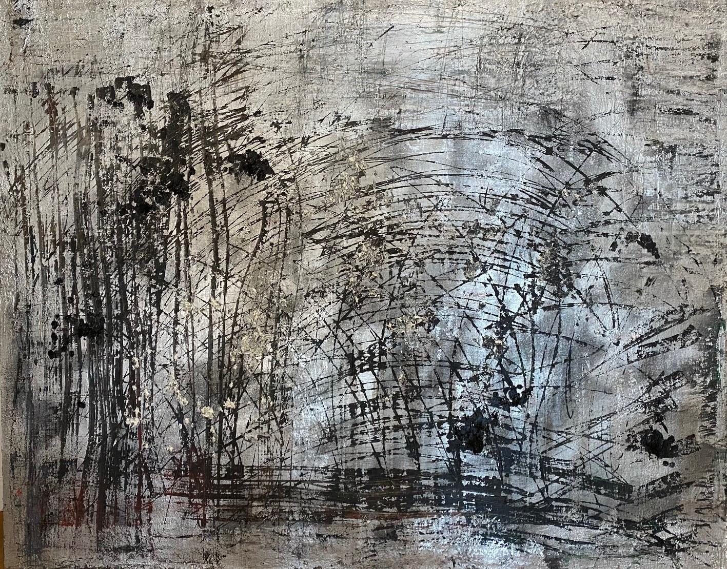 Frida Willis Abstract Painting -  'Untitled'  Contemporary Abstract  Silver, Black, White  Oil On Canvas by Frida