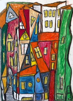 "Il quartiere colorato" di Frida - Paesaggio urbano colorato a pastello a olio su carta
