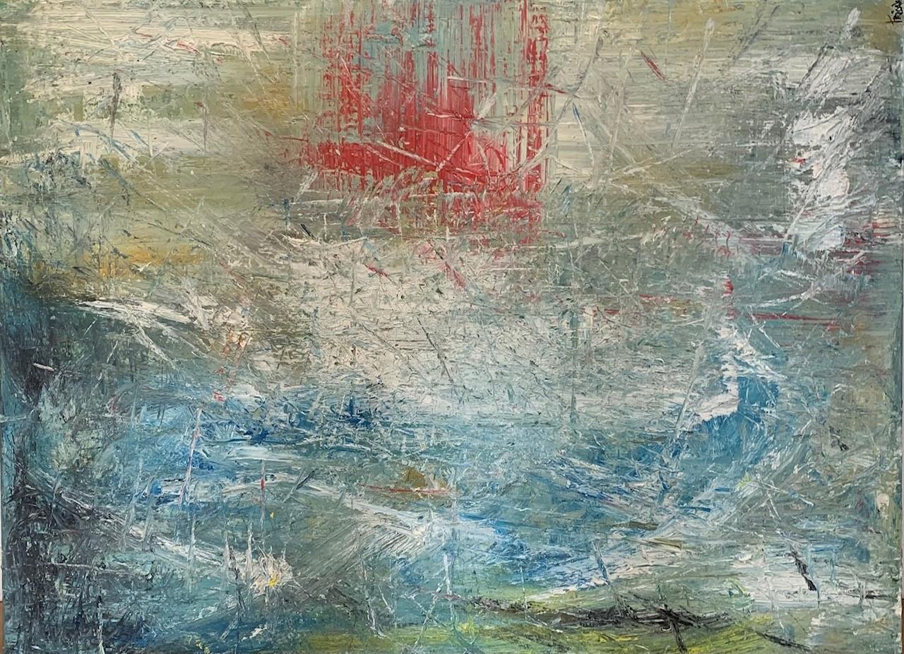 Frida Willis's "Touch of Red" is a 36" x 48" oil on canvas that speaks to the heart of abstract expressionism. This piece is defined by its textured strokes and a palette that ranges from the cool tranquility of icy blues to the warmth of subdued