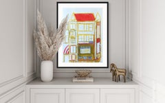 "Unfinished" - Architecture minimaliste orange et rouge Pastel à l'huile sur papier