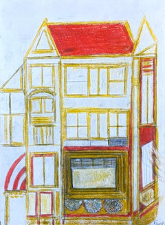"Incompiuto" di Frida Willis - Pastello a olio con paesaggio urbano minimalista arancione e rosso