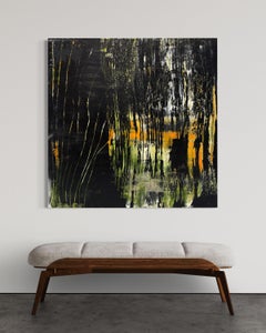 "Flicker", Dark Textured Layered Abstract Oil Painting, Black, Green, Yellow