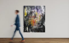 „Ohne Titel“ von Frida Willis – Großes abstraktes Schwarzes, Rotes, Lila und Gelbes abstraktes Gemälde
