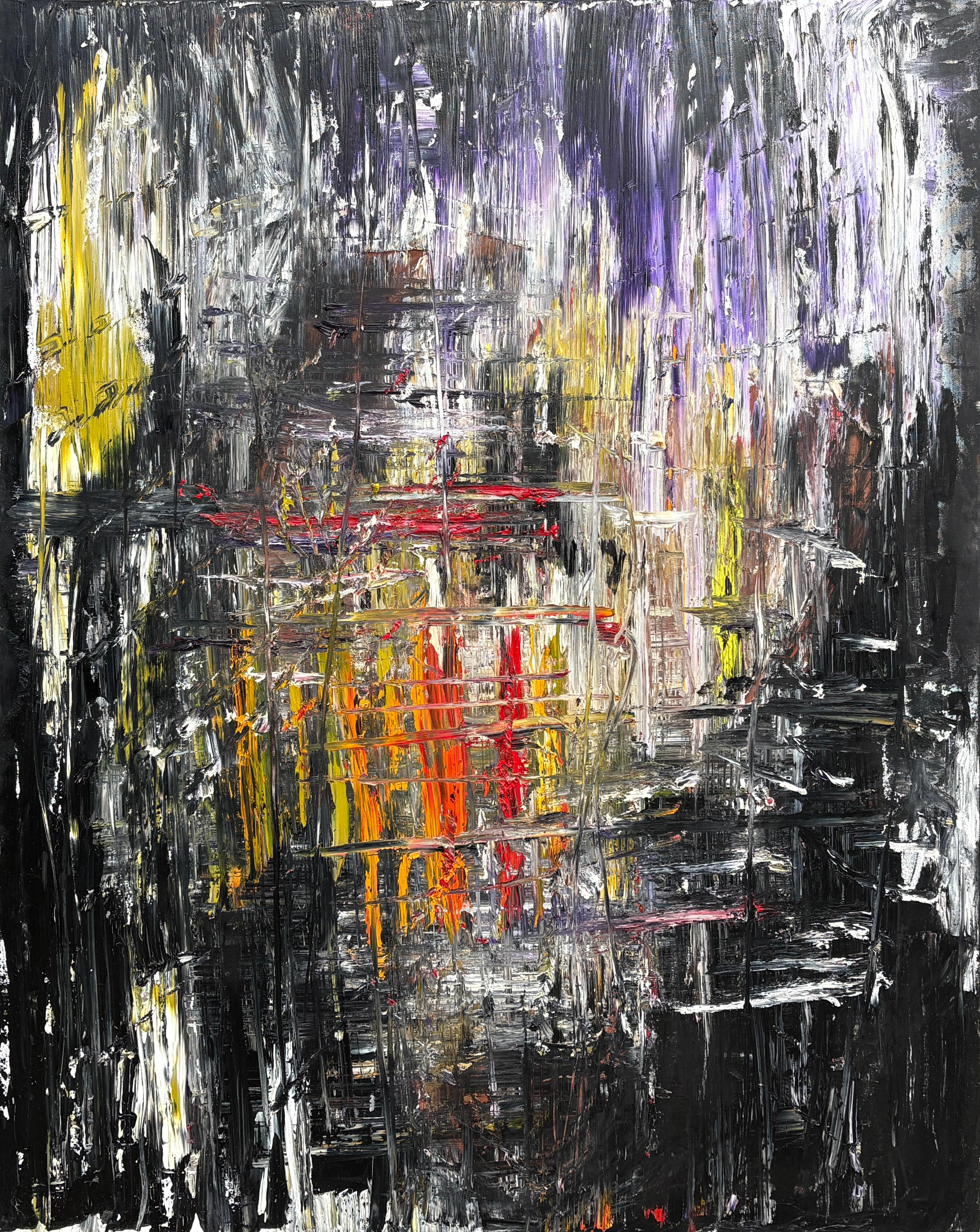 "Untitled" - Textured Oil Impasto Dark Contemporary Abstract with Red and Yellow