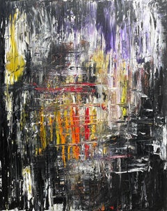 „Ohne Titel“ von Frida Willis – Großes abstraktes Schwarzes, Rotes, Lila und Gelbes abstraktes Gemälde