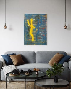 "Victory" - Textured Mixed Media Abstract Expressionist with Blue and Yellow