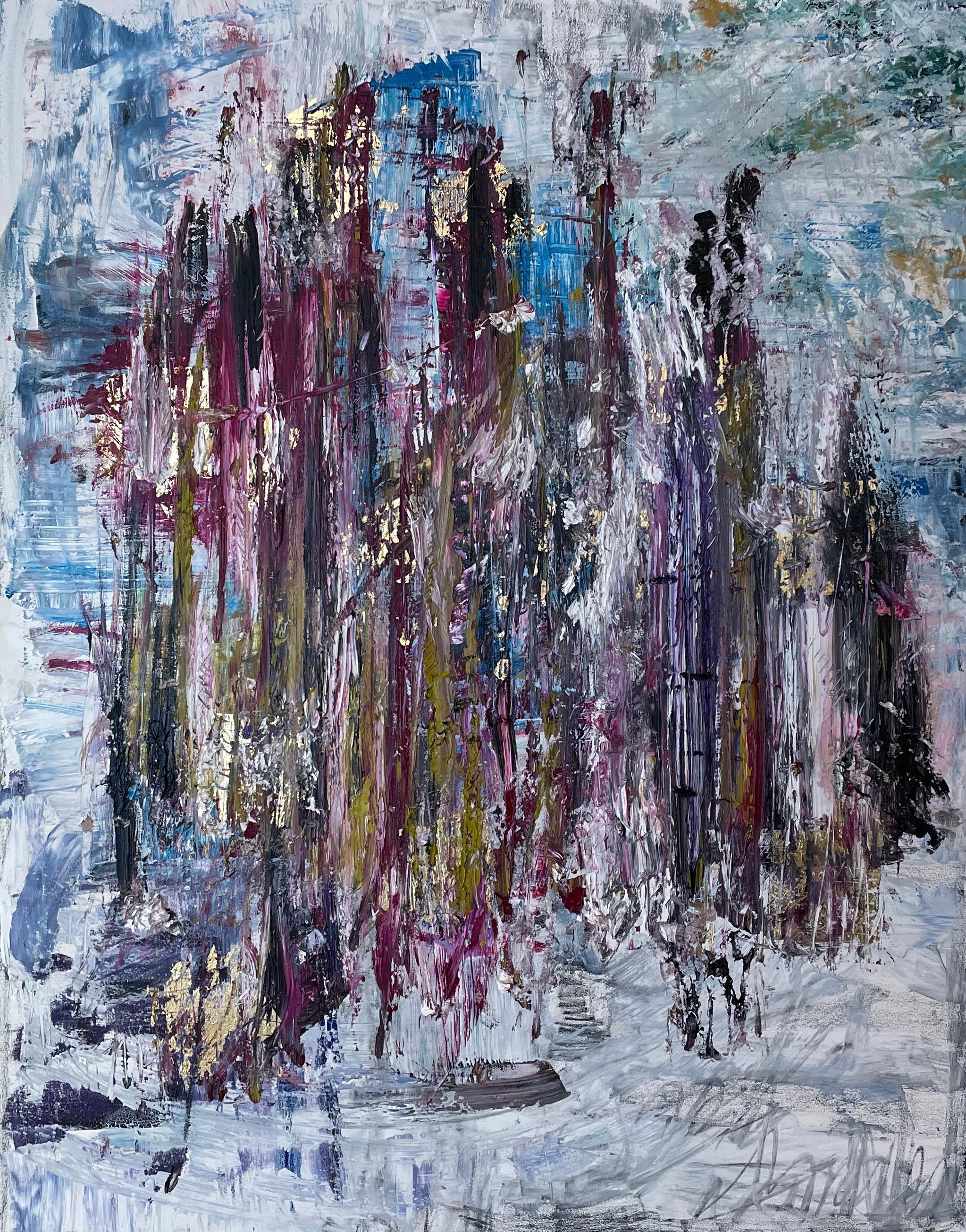 Frida Willis masterfully captures the essence of dynamic motion and raw energy in this striking 60" x 48" contemporary abstract. Aptly titled "Violet Midas", the artwork thrums with life, drawing the observer into its vortex of swirling colors and