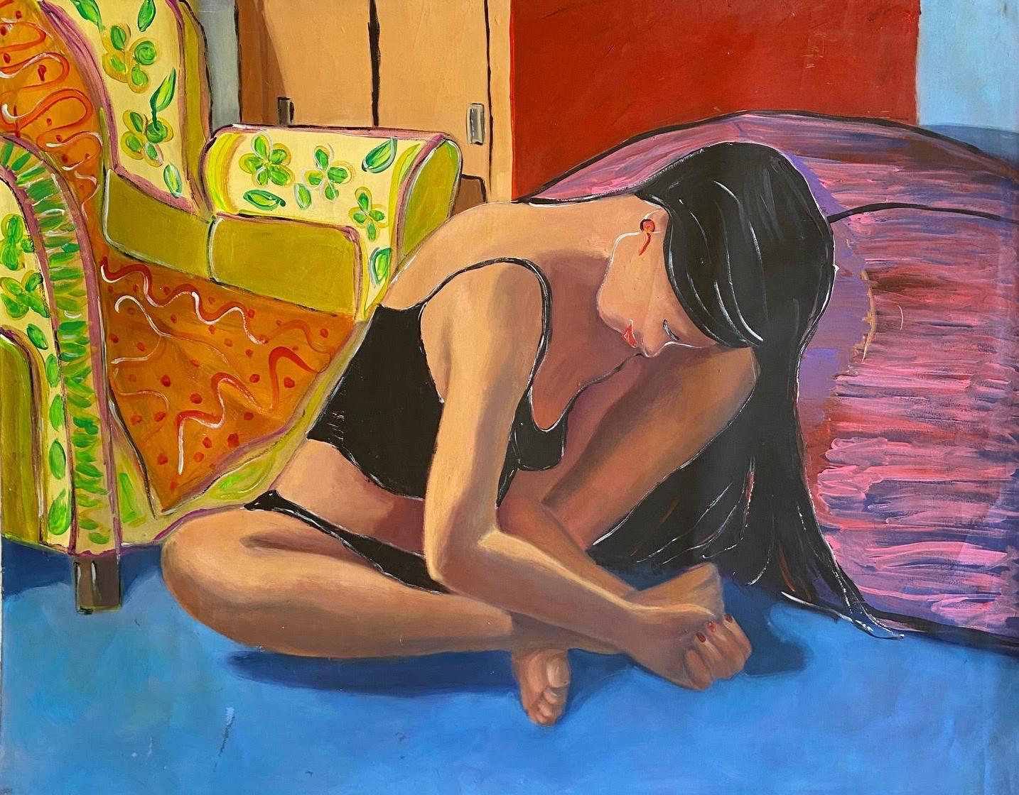Frida Willis Portrait Painting - ‘A Young Woman In Yoga Class’ Figurative Art Oil On Canvas by Frida