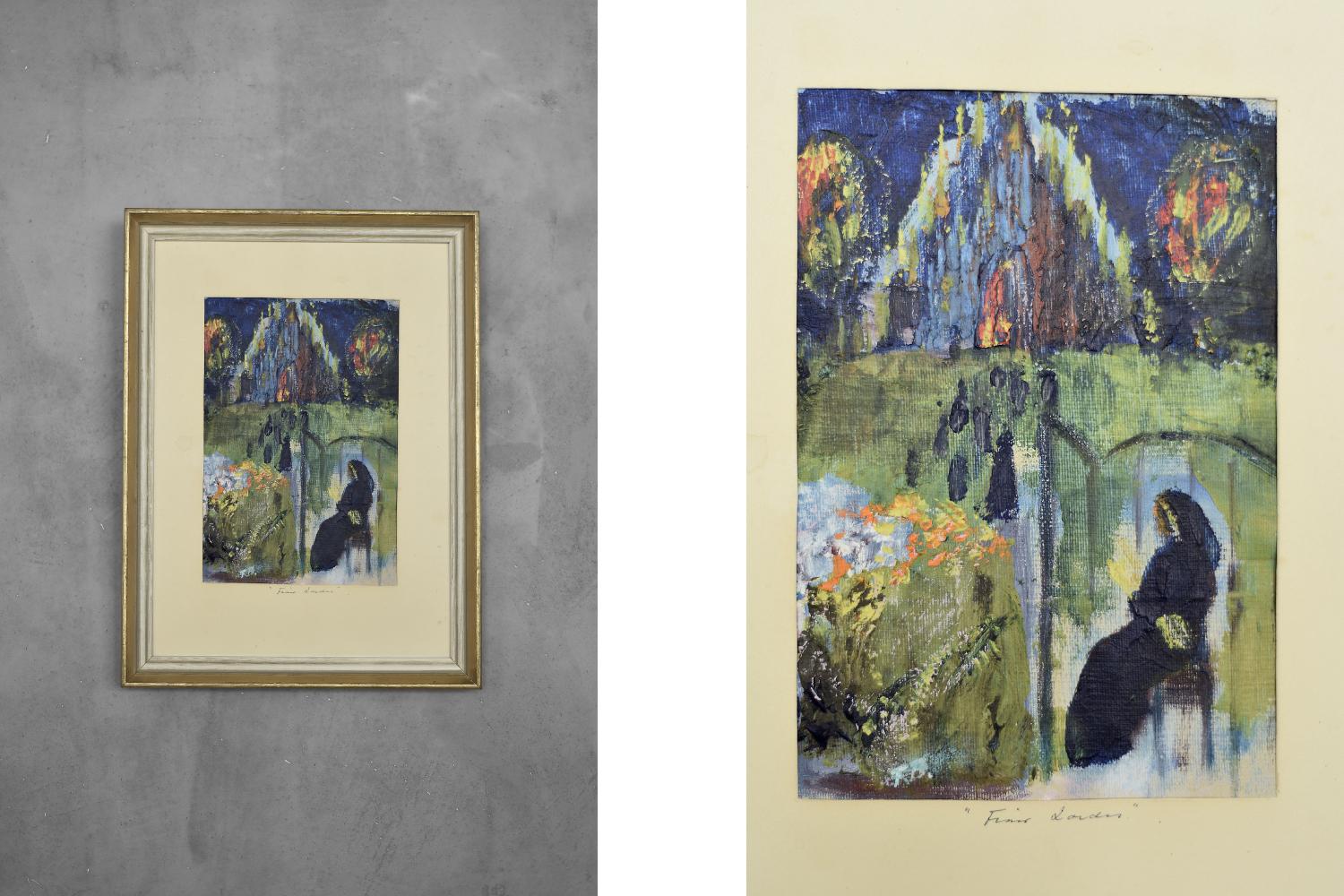 Frideborg Bryth, Finis Lordes, 1950s
Oil on Board
This work is signed by the artist and has an title
Dimensions 37/28
Framed work

The painting is dominated by intense, saturated colors — primarily blue, green, and yellow, with contrasting accents