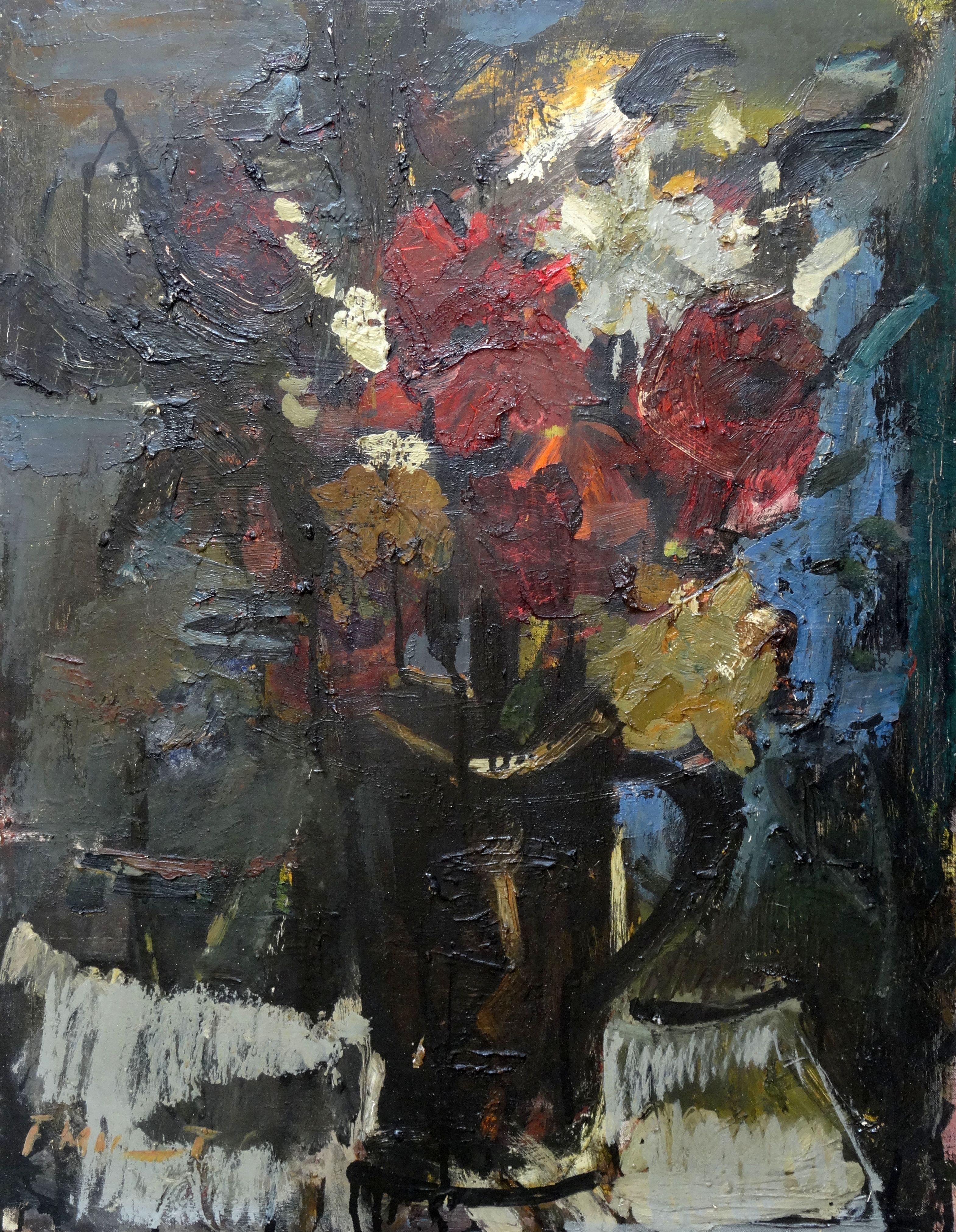 Blumen in einer Vase, Öl auf Leinwand auf Karton, 71,5 x 55,5 cm (Moderne), Painting, von Fridrihs Milts 