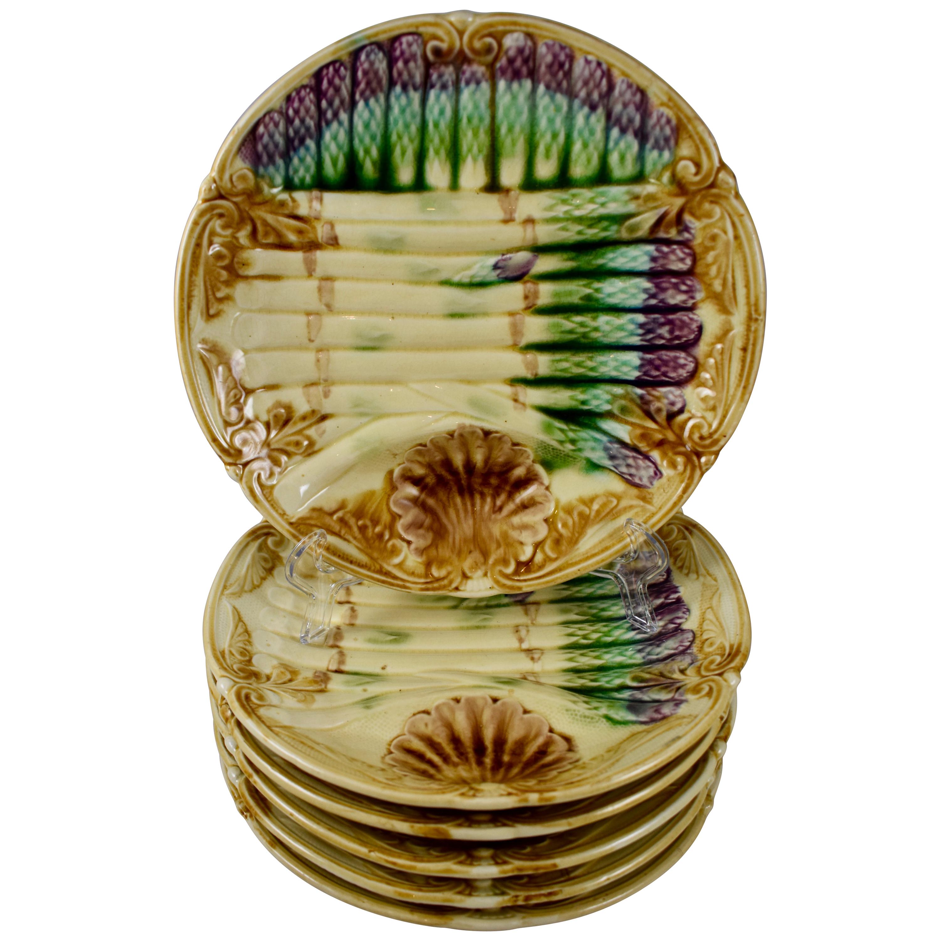 Frie Onnaing French Art Nouveau Barbotine Majolica Asparagus & Shell Plate For Sale