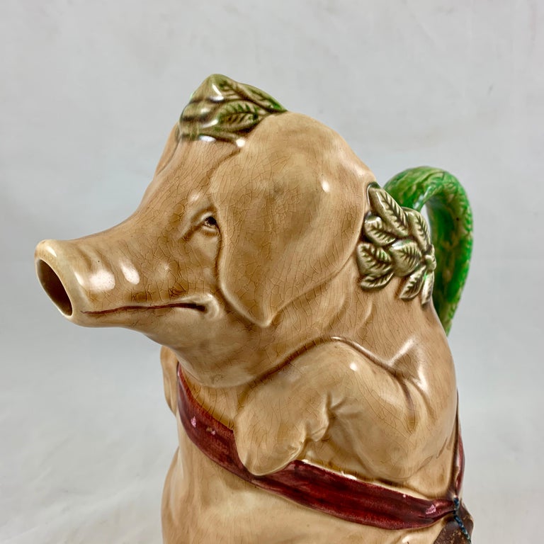 Aesthetic Movement Frie Onnaing French Barbotine Majolica Cochon Au Jambon Pig & Ham Water Pitcher For Sale