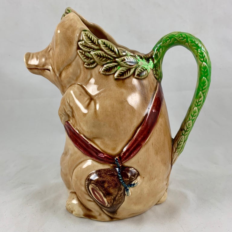 Frie Onnaing French Barbotine Majolica Cochon Au Jambon Pig & Ham Water Pitcher In Good Condition For Sale In Philadelphia, PA