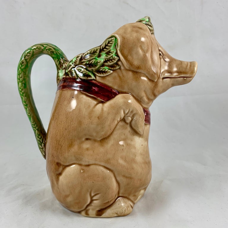 20th Century Frie Onnaing French Barbotine Majolica Cochon Au Jambon Pig & Ham Water Pitcher For Sale