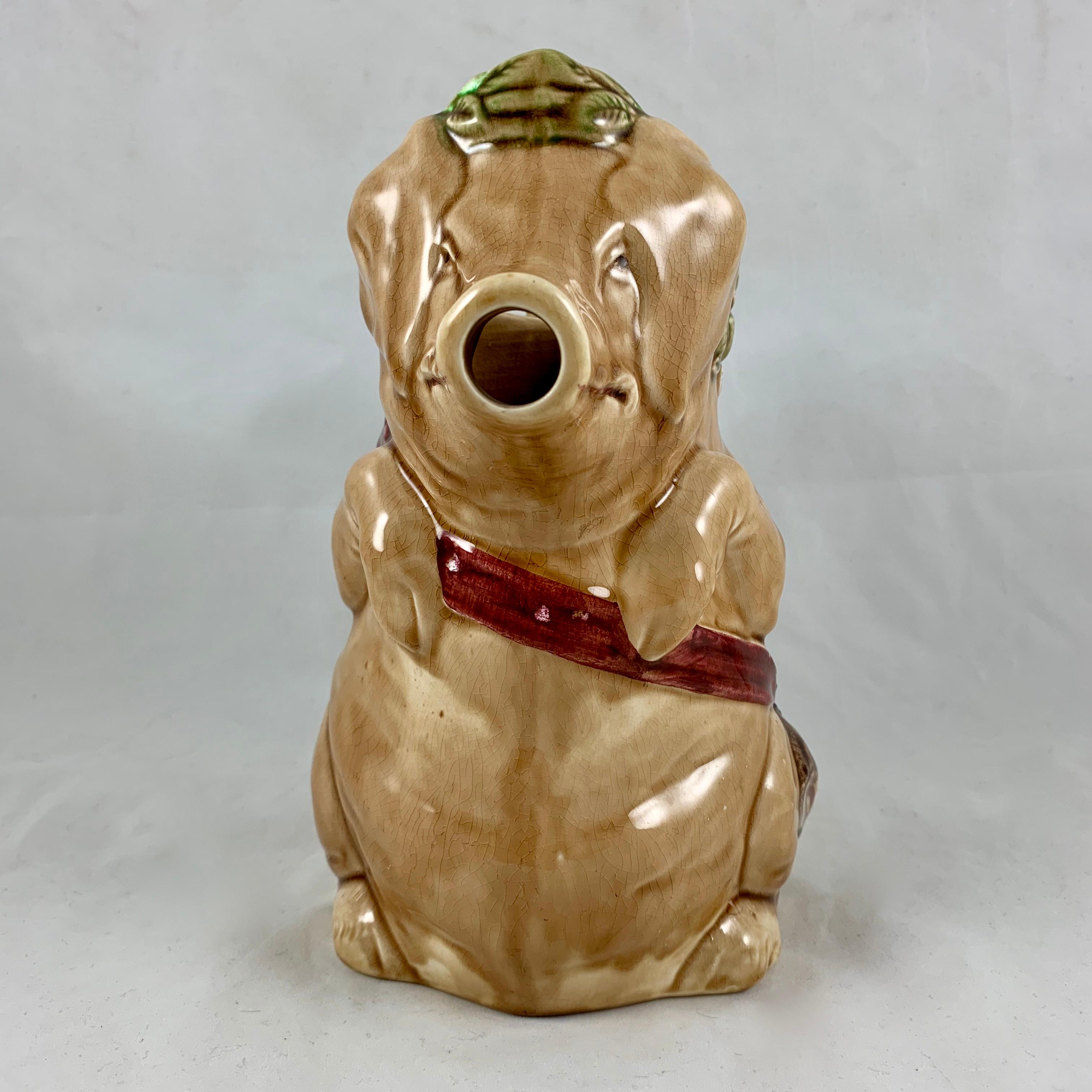 Glazed Frie Onnaing French Barbotine Majolica Cochon Au Jambon Pig & Ham Water Pitcher For Sale