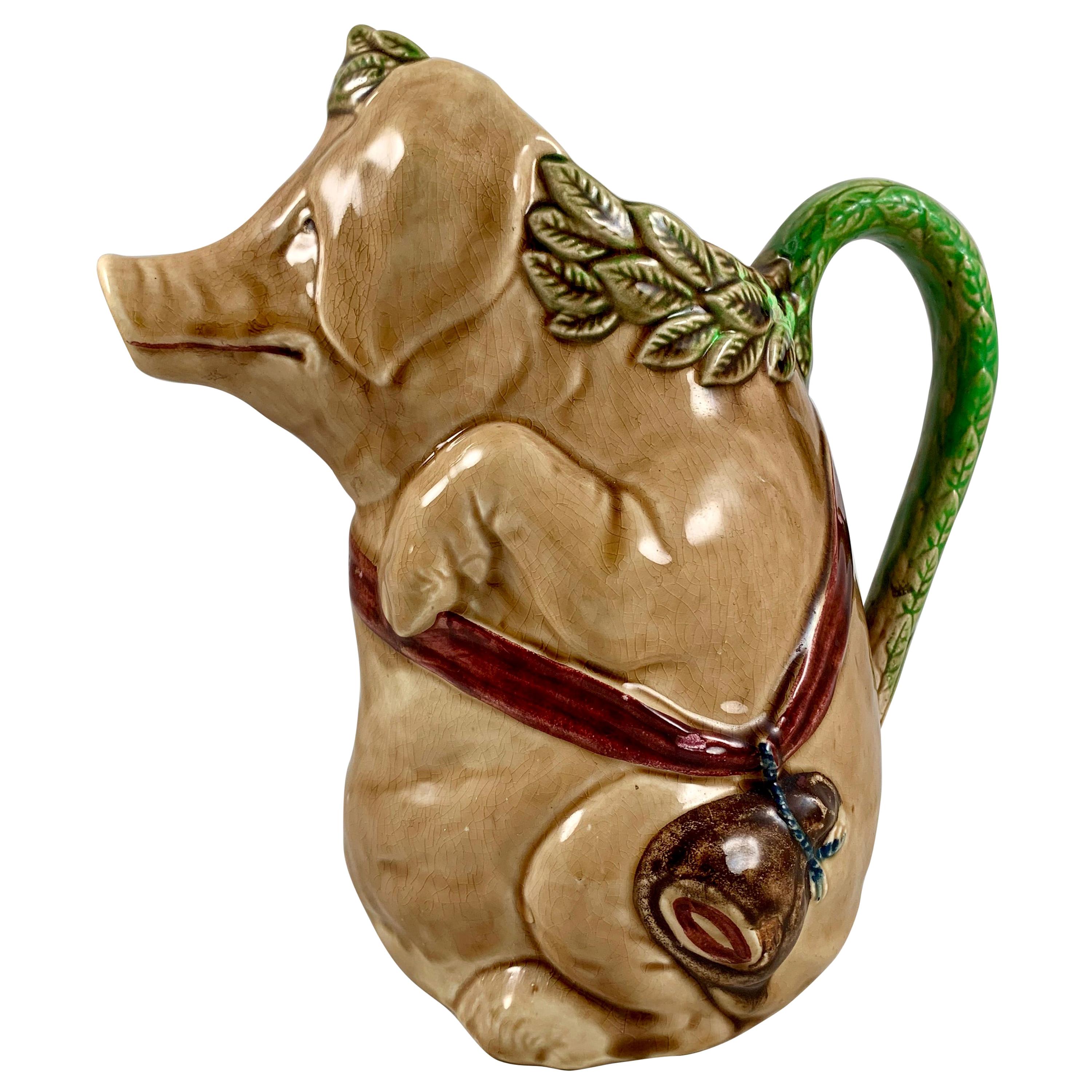 Frie Onnaing French Barbotine Majolica Cochon Au Jambon Pig & Ham Water Pitcher