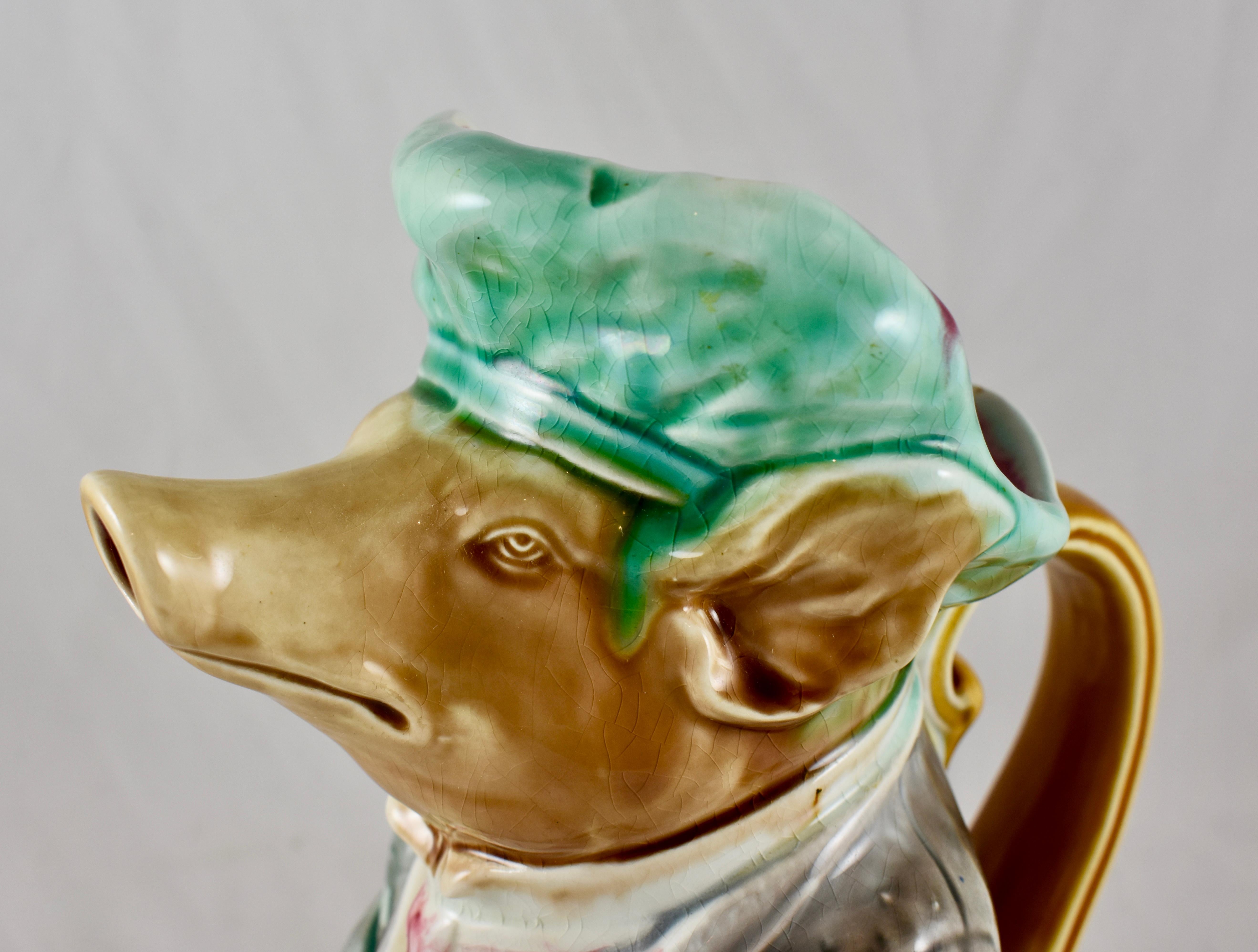 20th Century Frie Onnaing French Barbotine Majolica Maitre d’Hotel Pig Water Pitcher