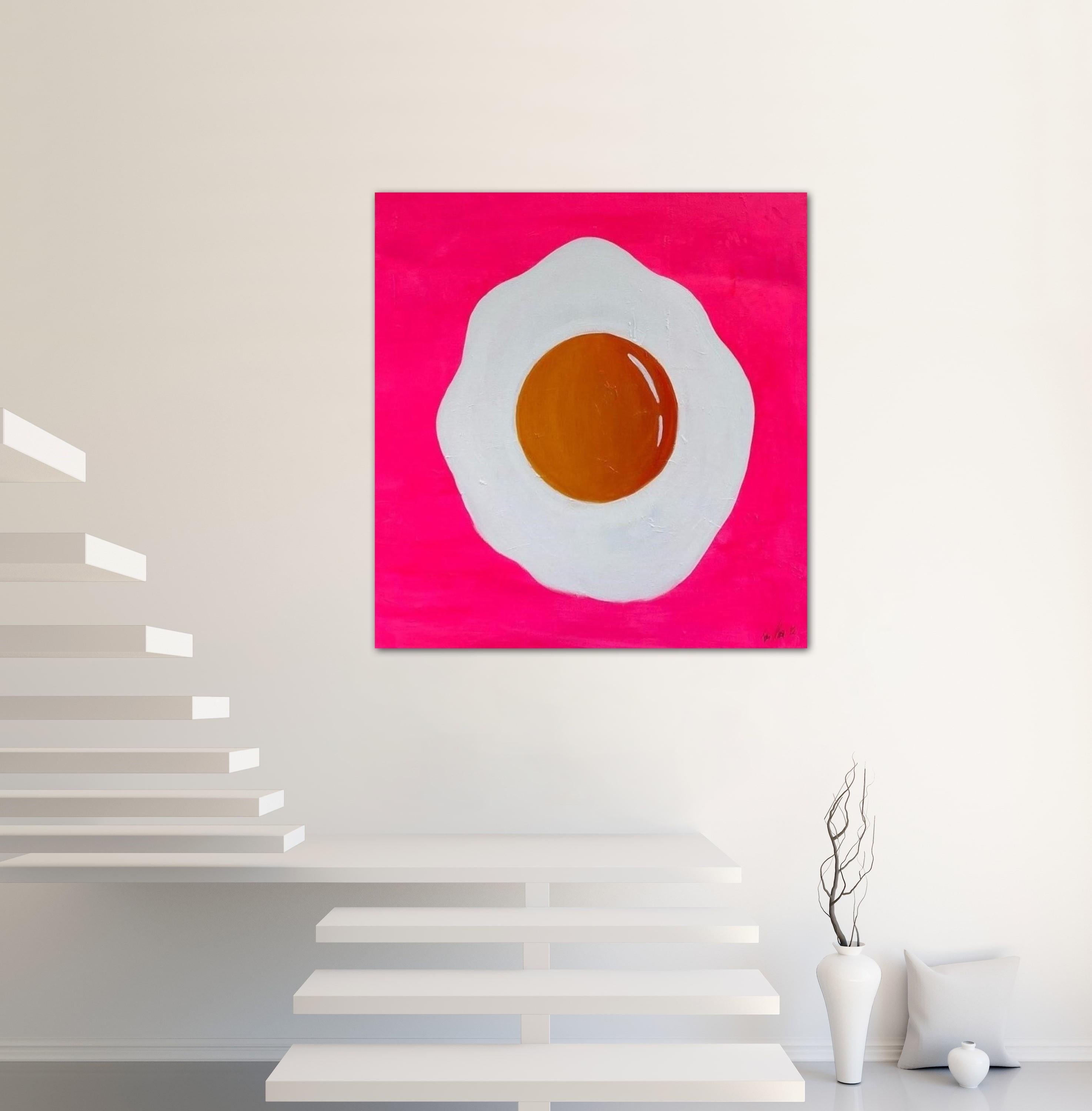 Fried Egg Acrylique sur toile par l'artiste peintre Tone Murr . Modern pop contemporary Wall Art . Couleurs vives Rose Blanc et Jaune Acrylique originale sur toile . Peinture à la main d'un design moderniste minimal et d'une grande peinture