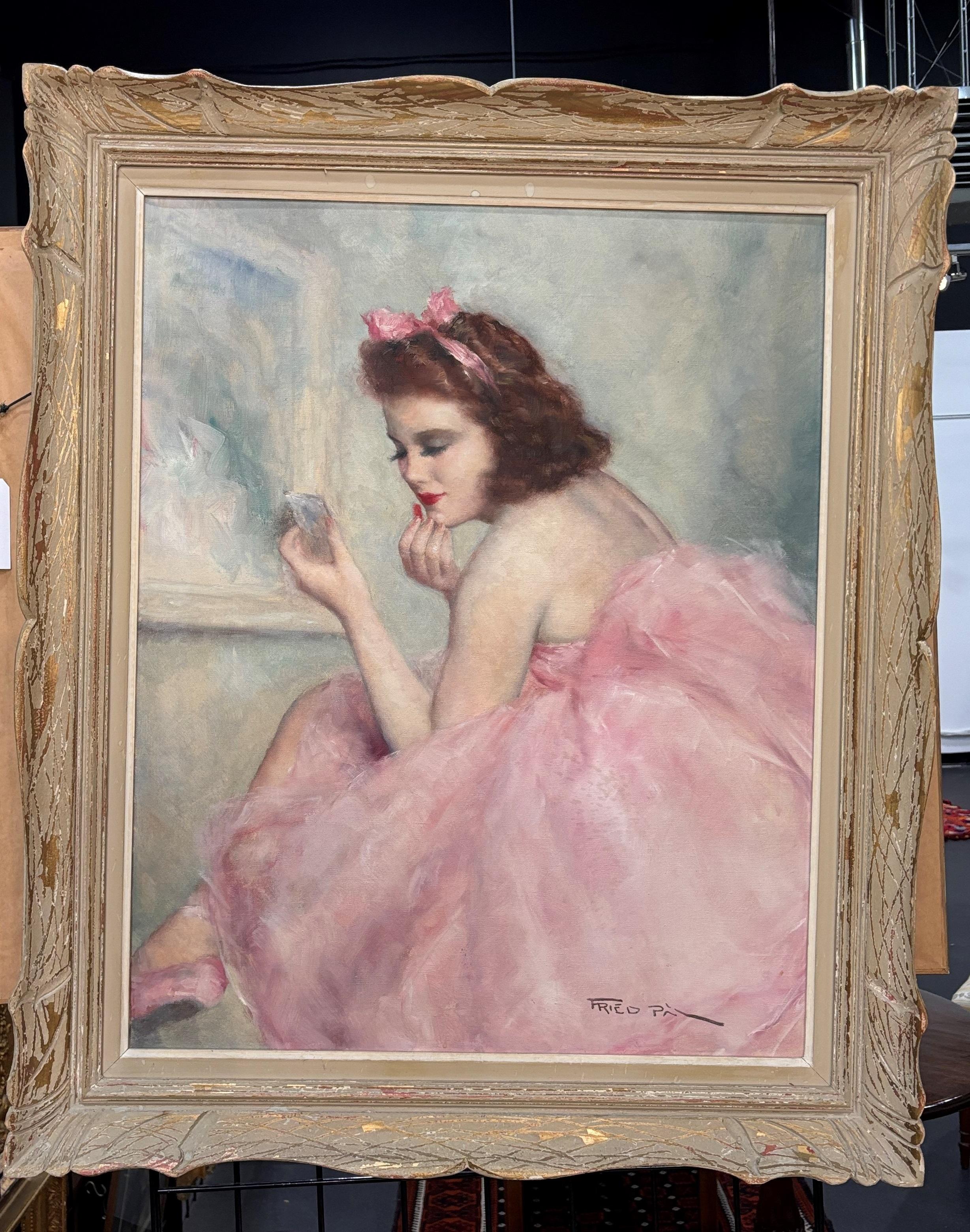 Vintage art portrait - FRIED PAL Paris, Ballerina in pink, O/C, signed canvas - Art by Fried Pal