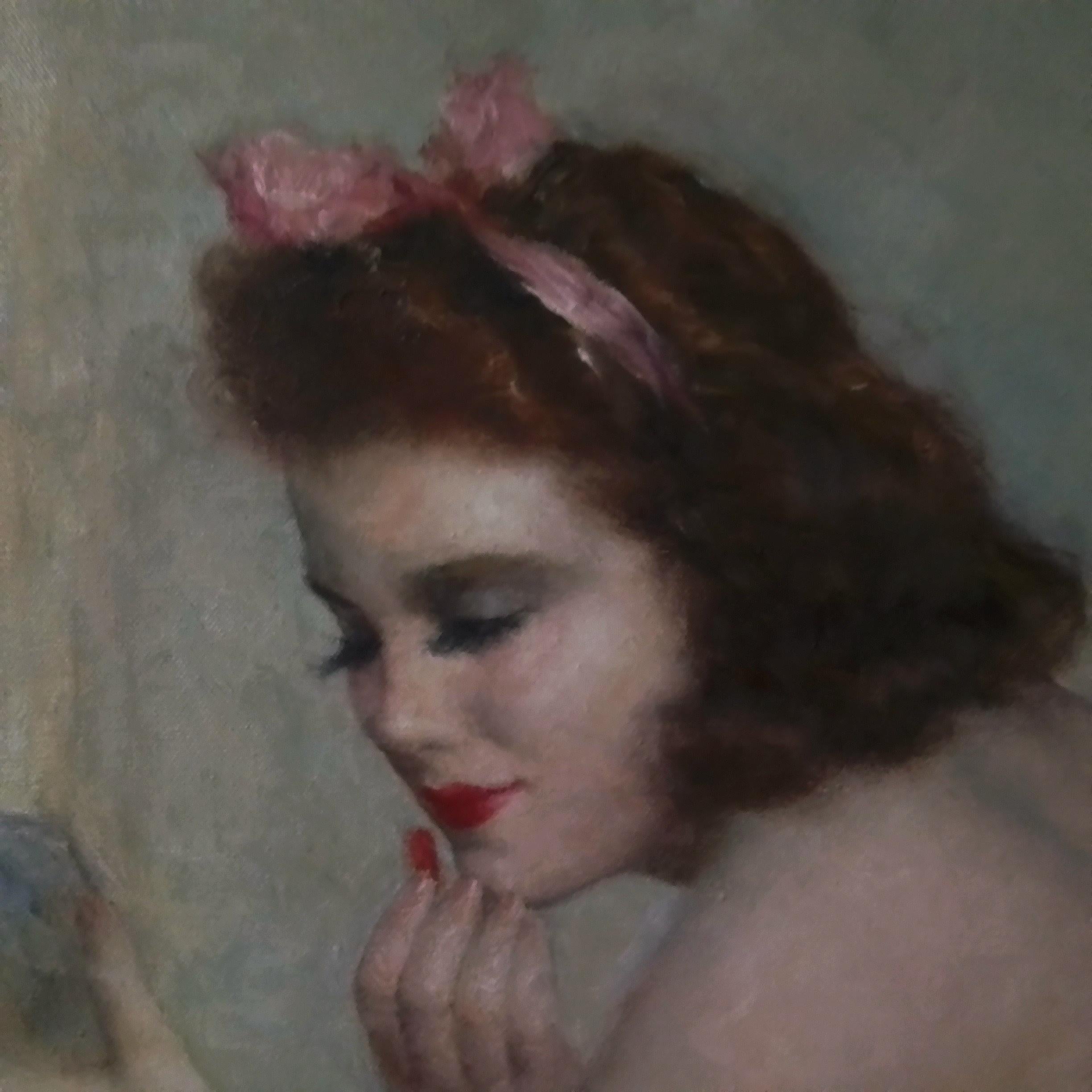 Vintage art portrait - FRIED PAL Paris, Ballerina in pink, O/C, signed canvas - Brown Nude by Fried Pal
