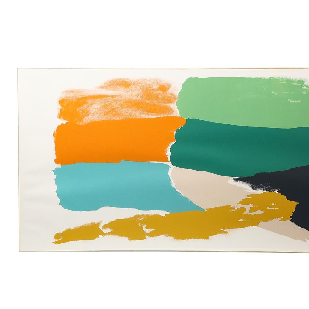 Lithographie de Friedel Dzubas, abstraite, bleue, orange, verte, signée. Grande lithographie en couleur imprimée sur du papier vélin épais de la marque Authenticated et flottant dans un plexibox d'époque des années 1970. Signée au crayon Friedel