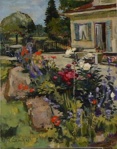 Summer Garden in Bloom, Cottage Garden Landscape, 1948