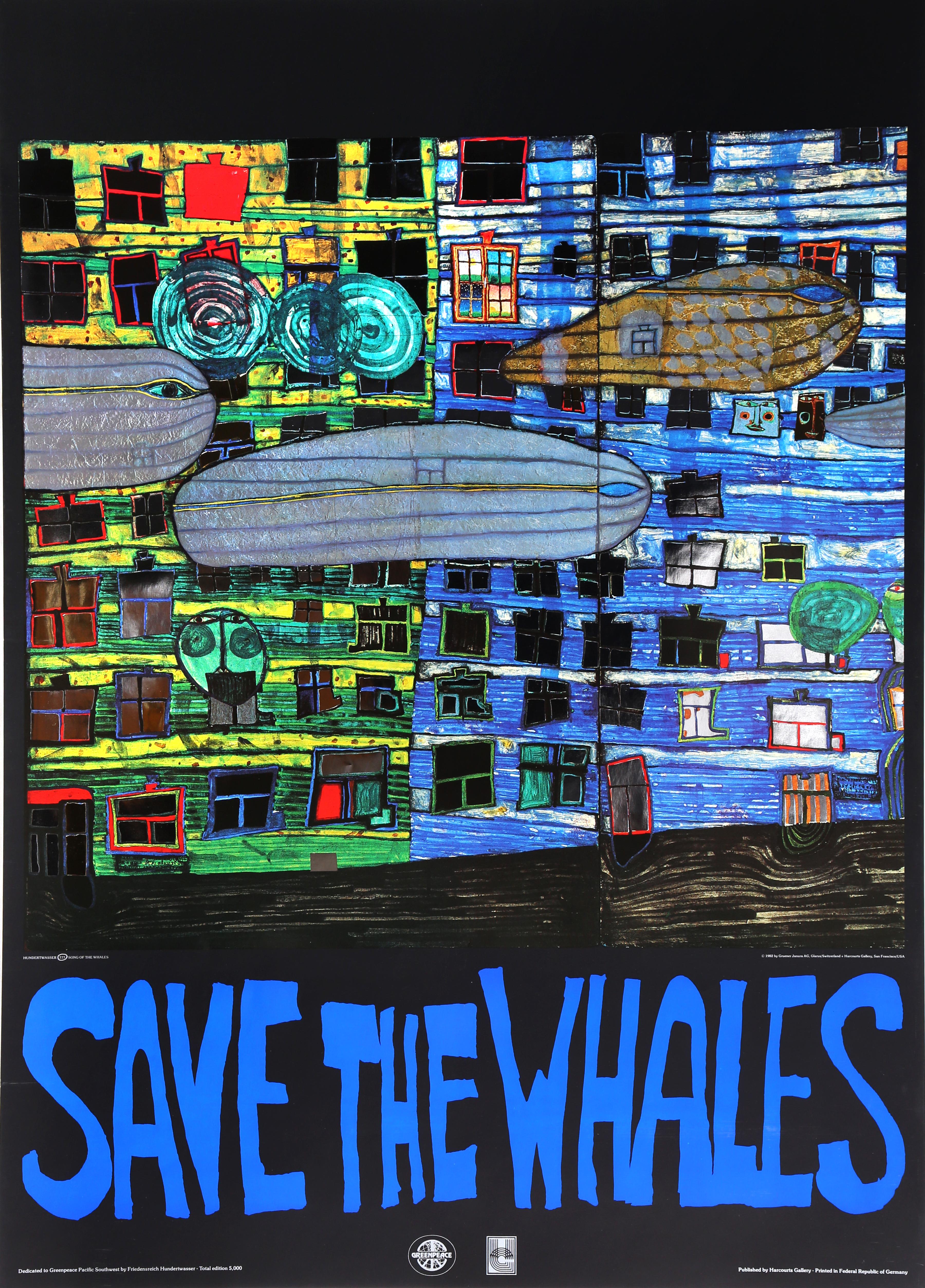 Friedensreich Hundertwasser Figurative Print - Save the Whales, Foil Embossed Poster, by Hundertwasser 1982