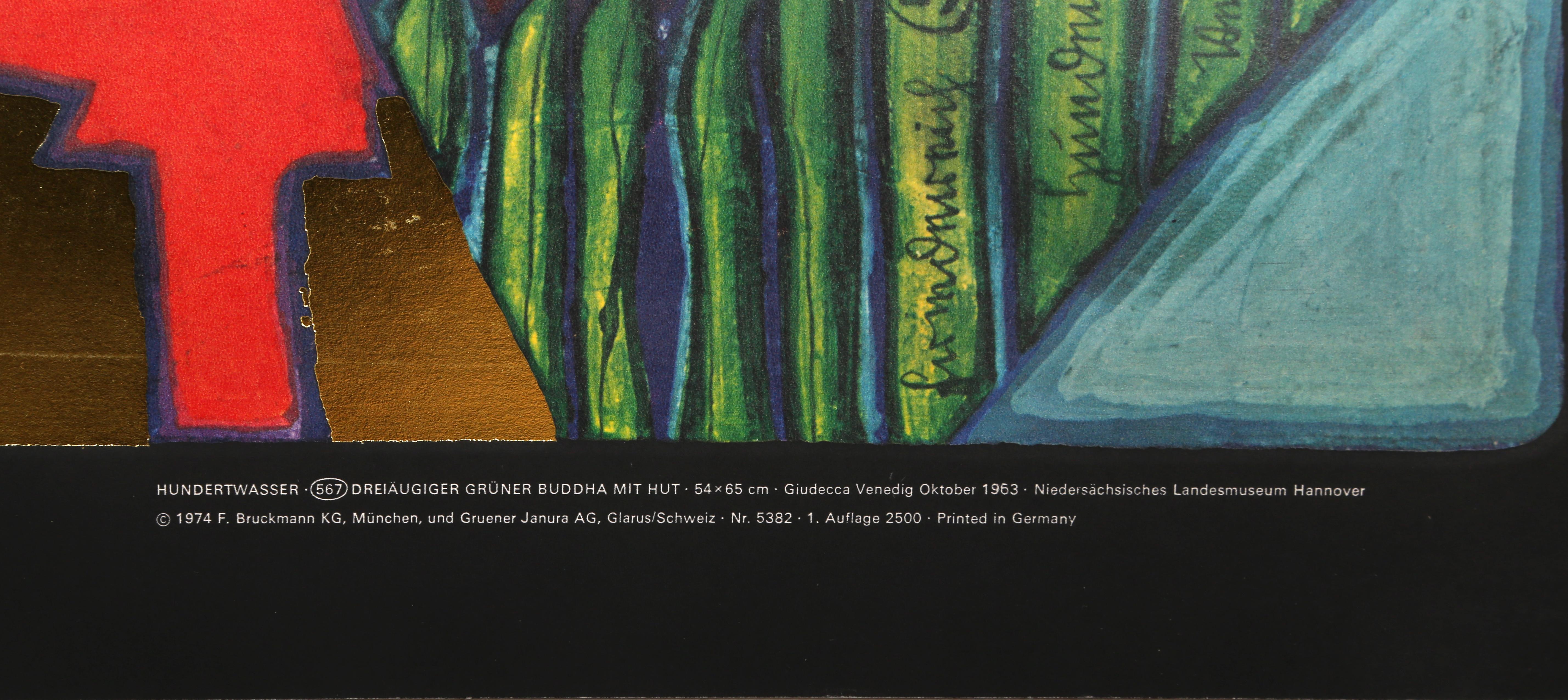 This is a colorful foil-embossed poster after the effervescent Austrian-born New Zealand artist Friedensreich Hundertwasser, a high-quality, authorized reproduction of his painting 