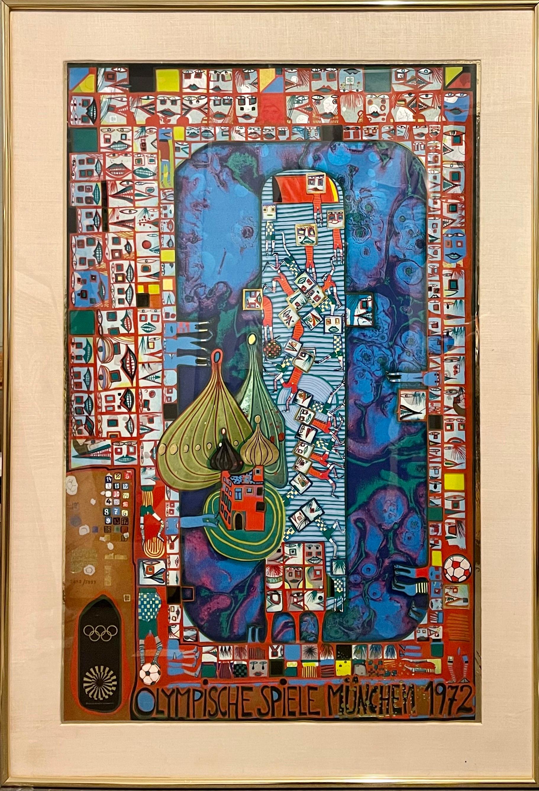 Vintage 1972 Munich Olympic Metal Foil Serigraph Lithograph Poster Hundertwasser - Print by Friedensreich Hundertwasser