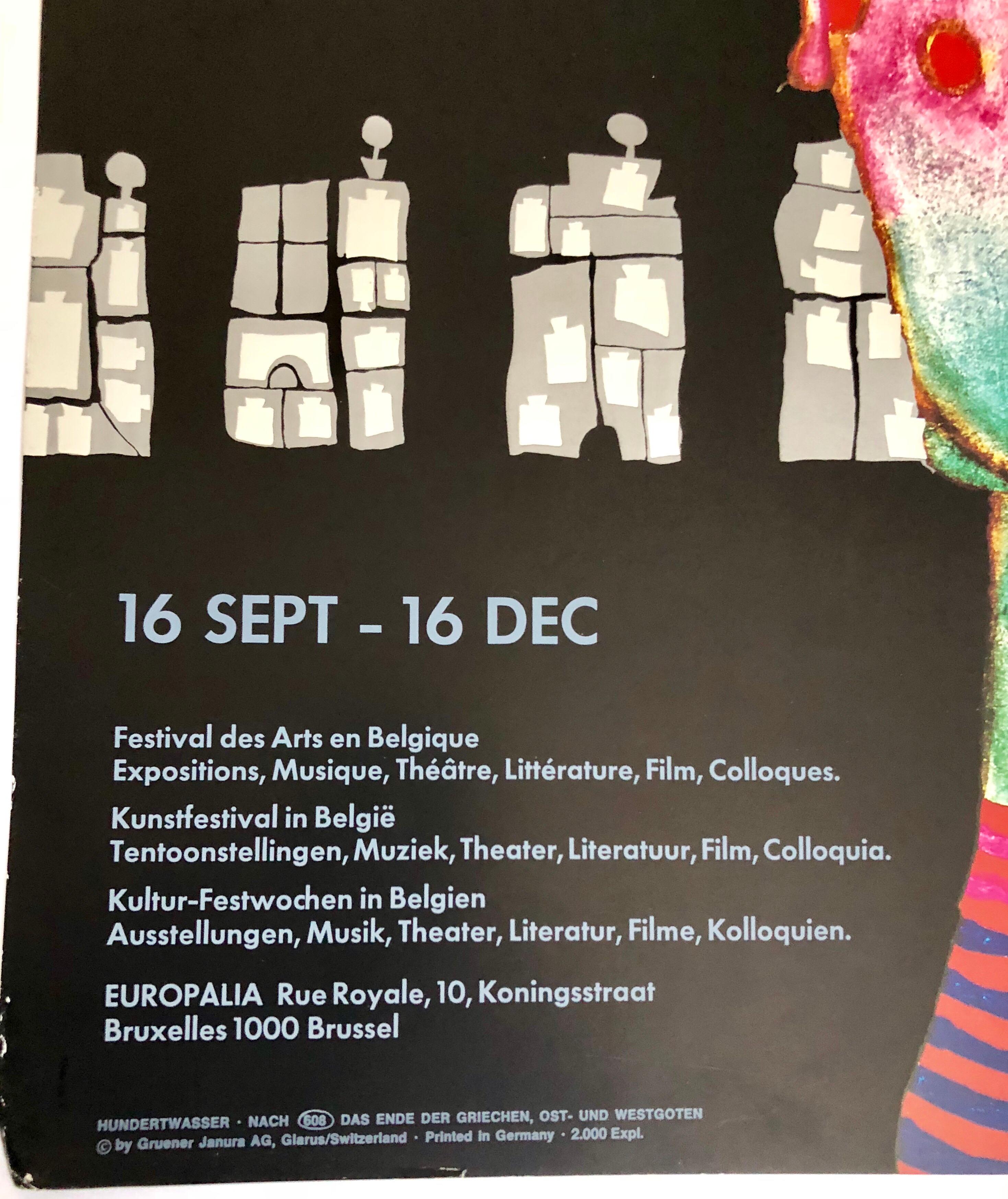 Europalia 87 Oesterreich (Autriche) par Friedrich Hundertwasser - affiche originale vintage - lithographie offset avec insertions de feuilles métalliques fine art  imprimer
Copyright by Gruener Janura AG, Glarus/ Suisse. Imprimé en