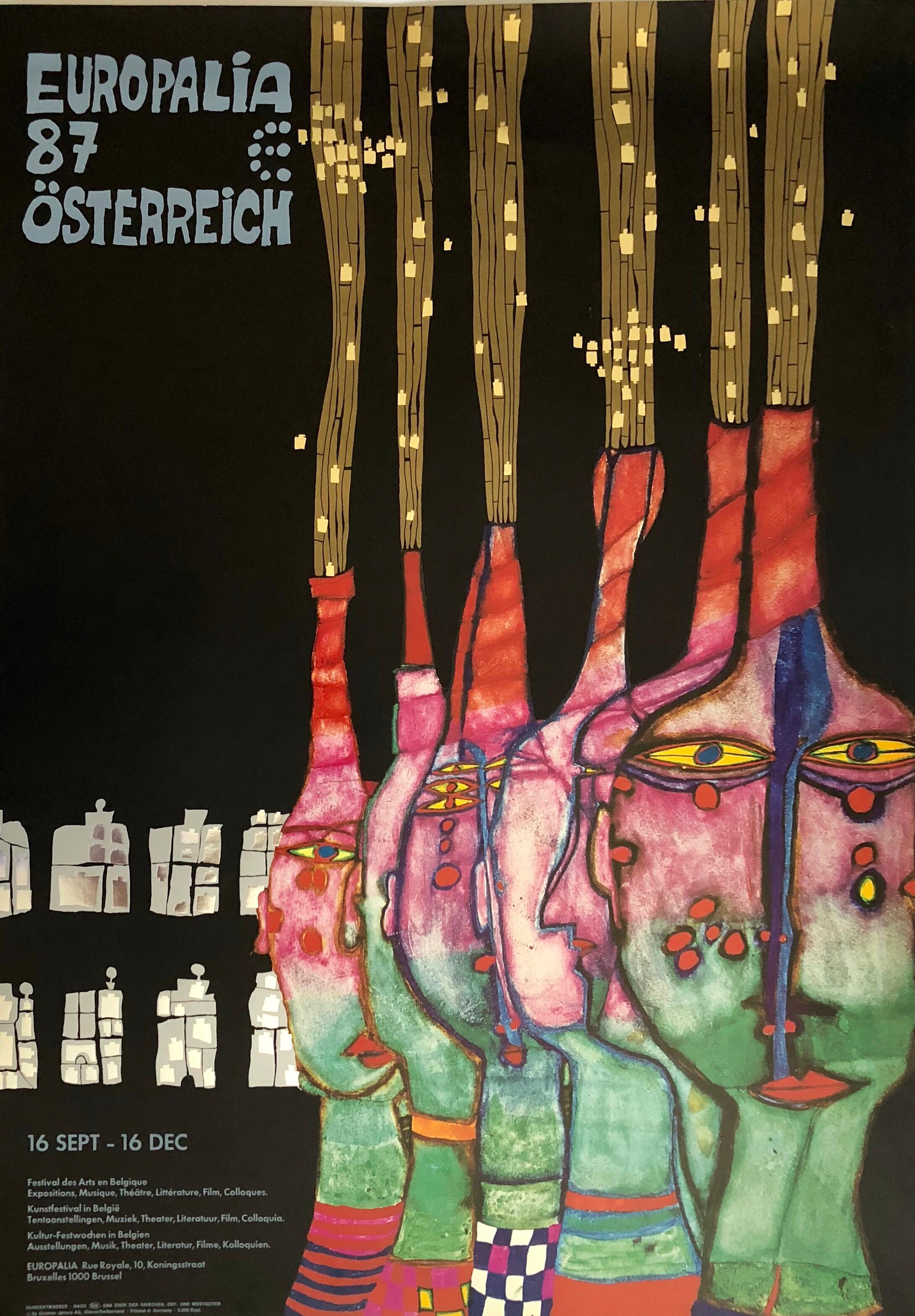 Abstract Print Friedensreich Hundertwasser - Affiche de lithographie offset Europalia 87 Osterreich en métal imprimé feuille