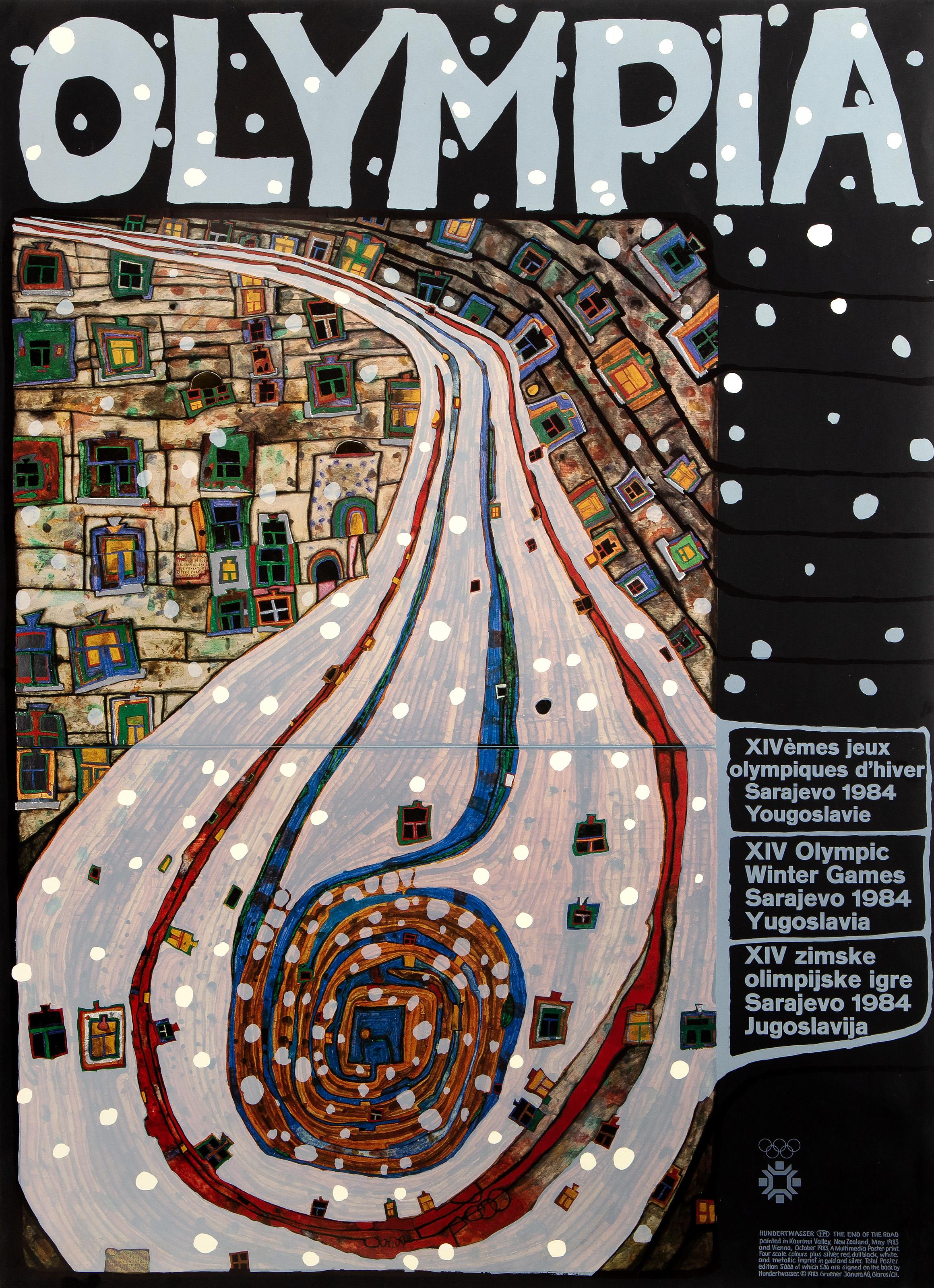  Friedensreich Hundertwasser, Österreicher (1928 - 2000) -  XIV. Olympische Winterspiele, Jahr: 1983, Medium: Poster, Auflage: 5000, Größe: 33.5 x 24.25 in. (85.09 x 61.6 cm)