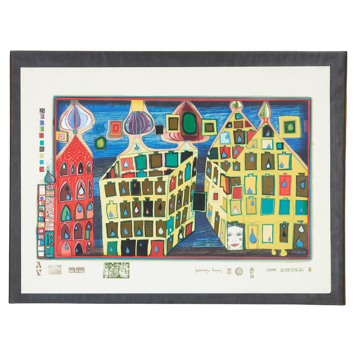 Friedensreich Hundertwasser, color screen print with metal embossing “It hurts to wait with love in somewhere else”. published by Ars Viva, Zurich 1971-72, stamp signed and numbered 858/3000.
Dimensions including frame 60 x 77 cm, print dimensions