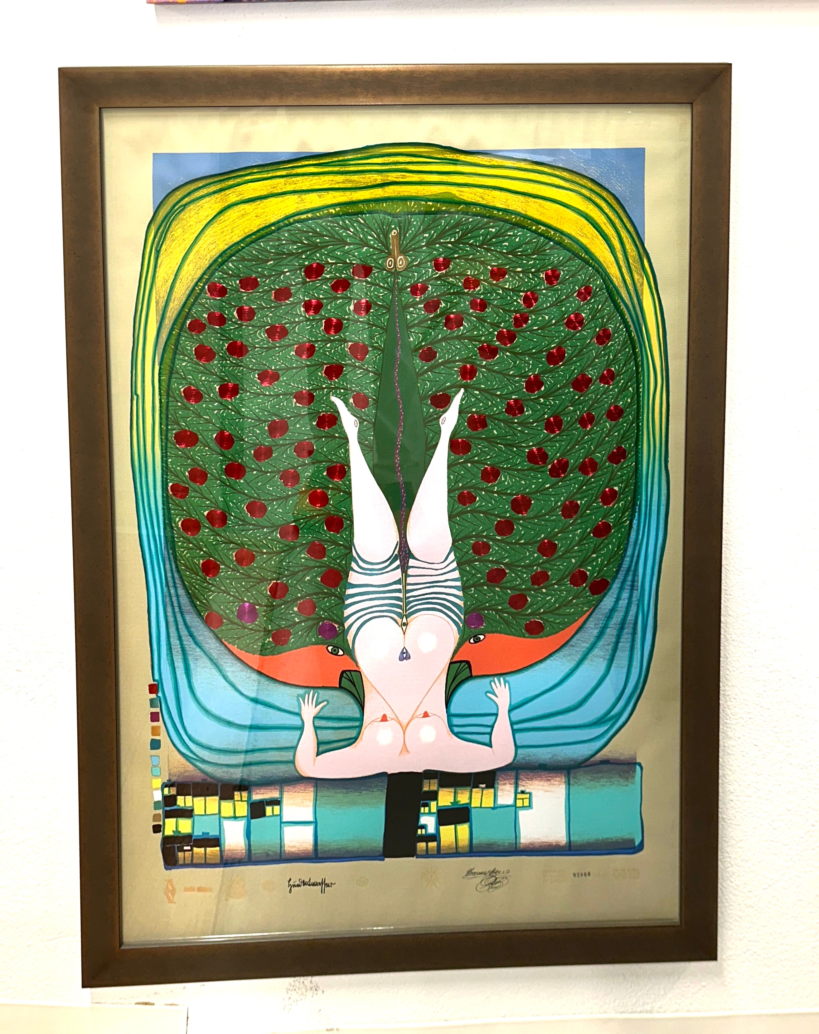 A striking image from 1972 by Friedensreich Hundertwasser titled Homage to Schroeder-Sonnenstern. It is work number 715 and from an edition of 4200 of which this is number 2860. It is a silkscreen collage with foil embossing. In good condition with