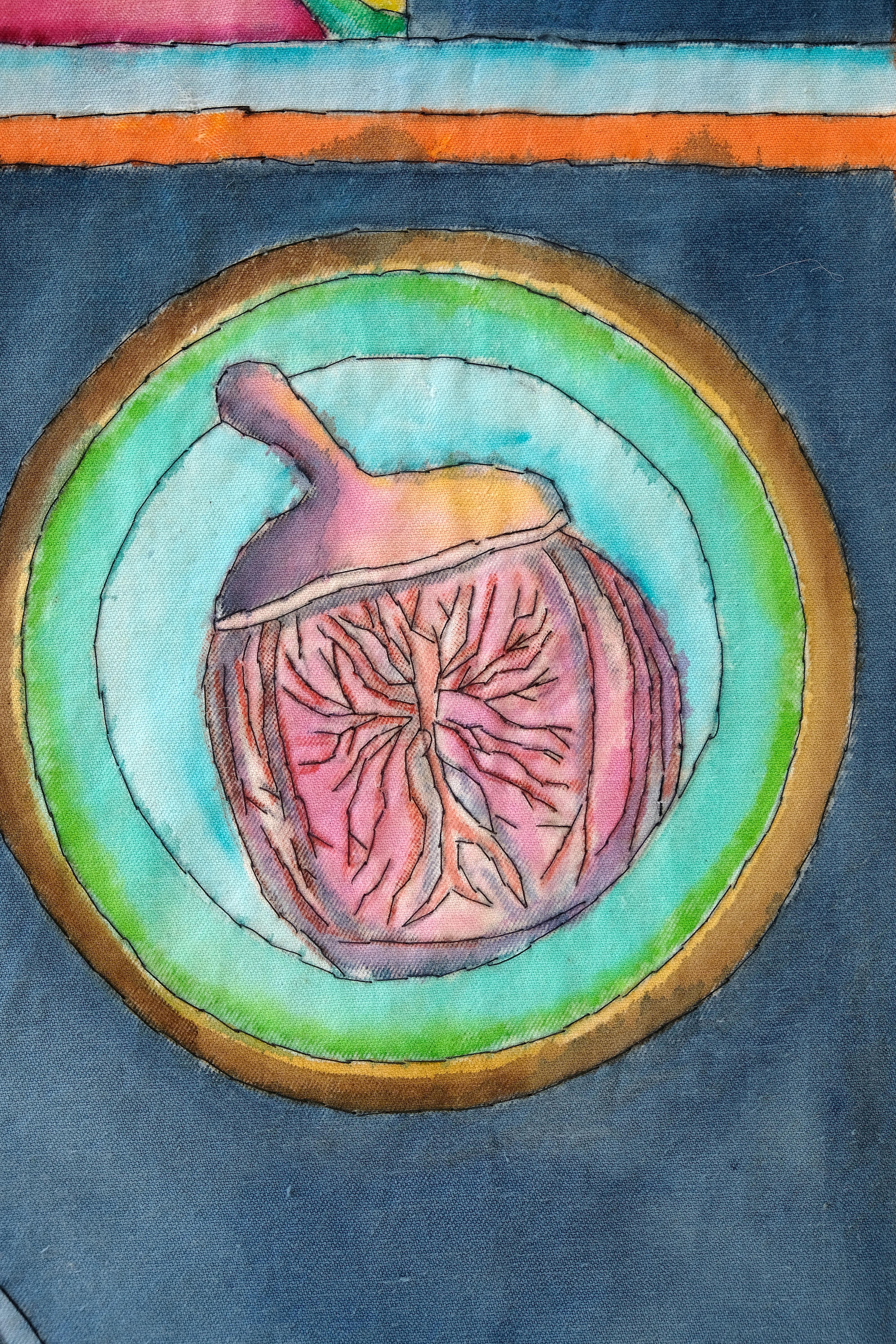 Tutto ciò che vediamo o sembriamo non è altro che un sogno nel sogno (Il corpo come archivio)?
2016-2017
Ricamo e pittura su tela
110 x 90 cm

Organo: Occhi, Retina, Design: Ispirato alla rete indù di Indra e a uno storico mandala di meditazione