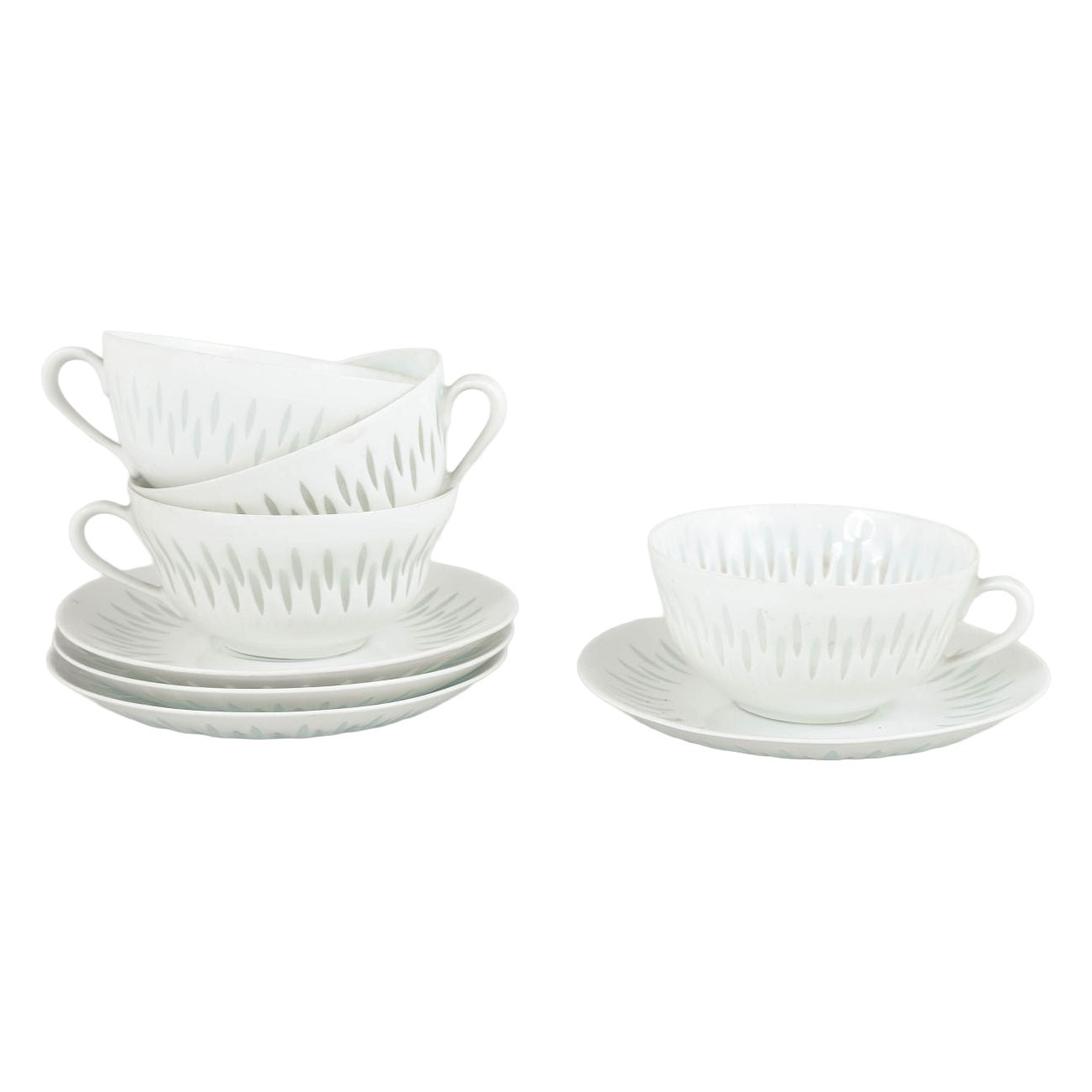 Friedl Holzer-Kjellberg, Arabia. 4 porcelain tea cups & saucers. Rice pattern