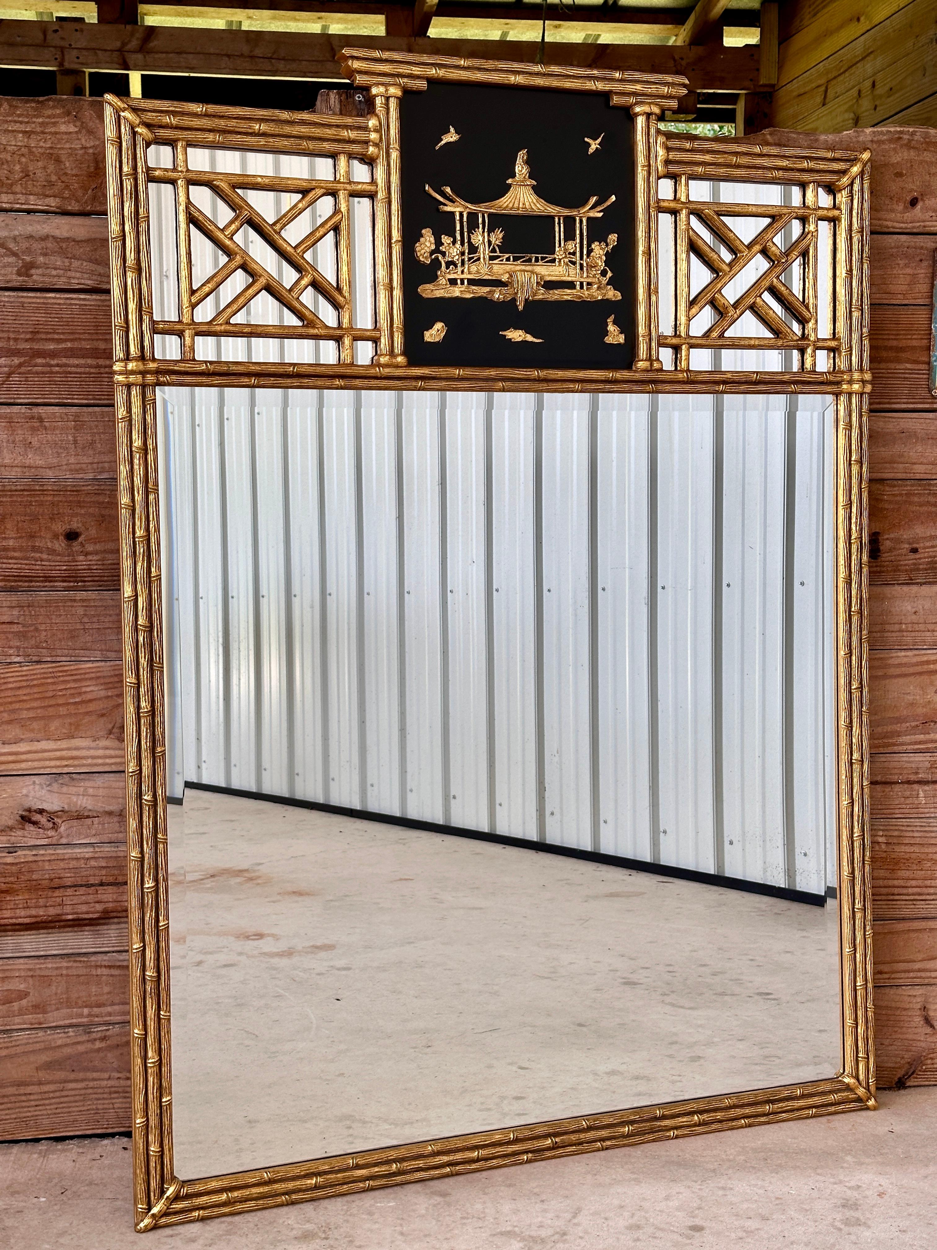 Hand-Crafted Friedman Brothers Chinoiserie Regency Gilt Faux Bamboo Pagoda Wall Mirror