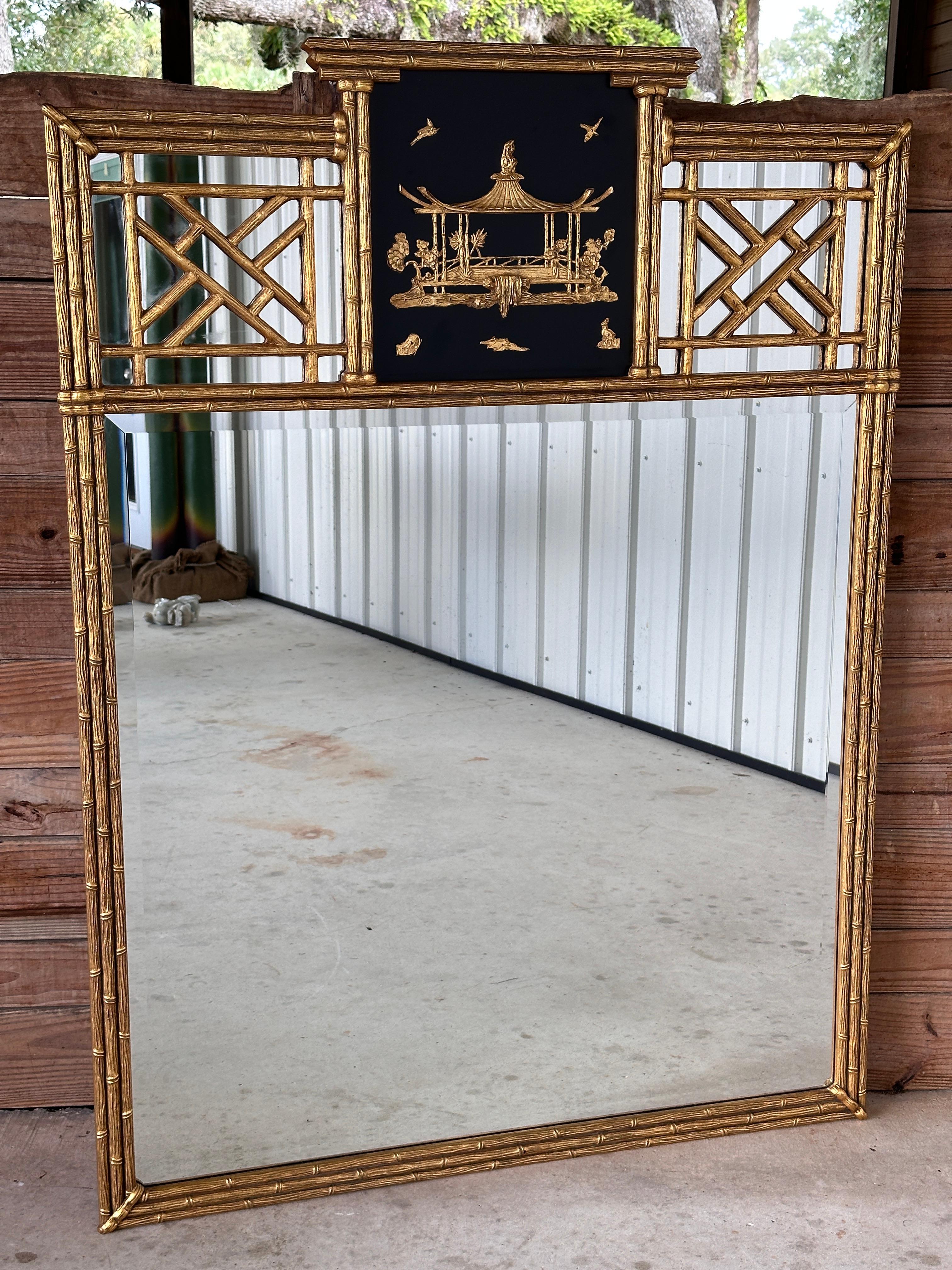 Friedman Brothers Chinoiserie Regency Gilt Faux Bamboo Pagoda Wall Mirror 1