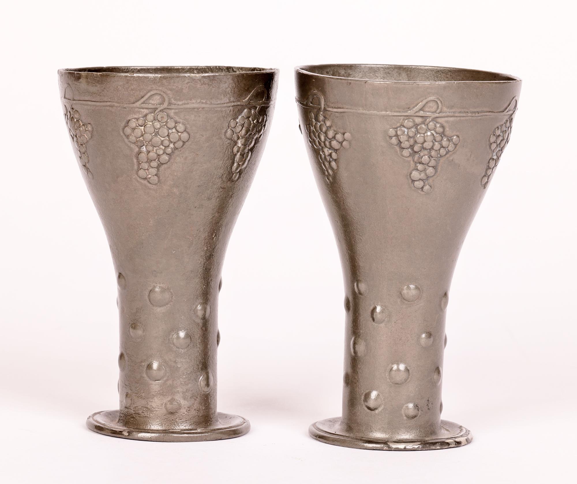 German Friedrich Adler Osiris Pair Isis Jugendstil Pewter Wine Goblets Circa 1900  For Sale