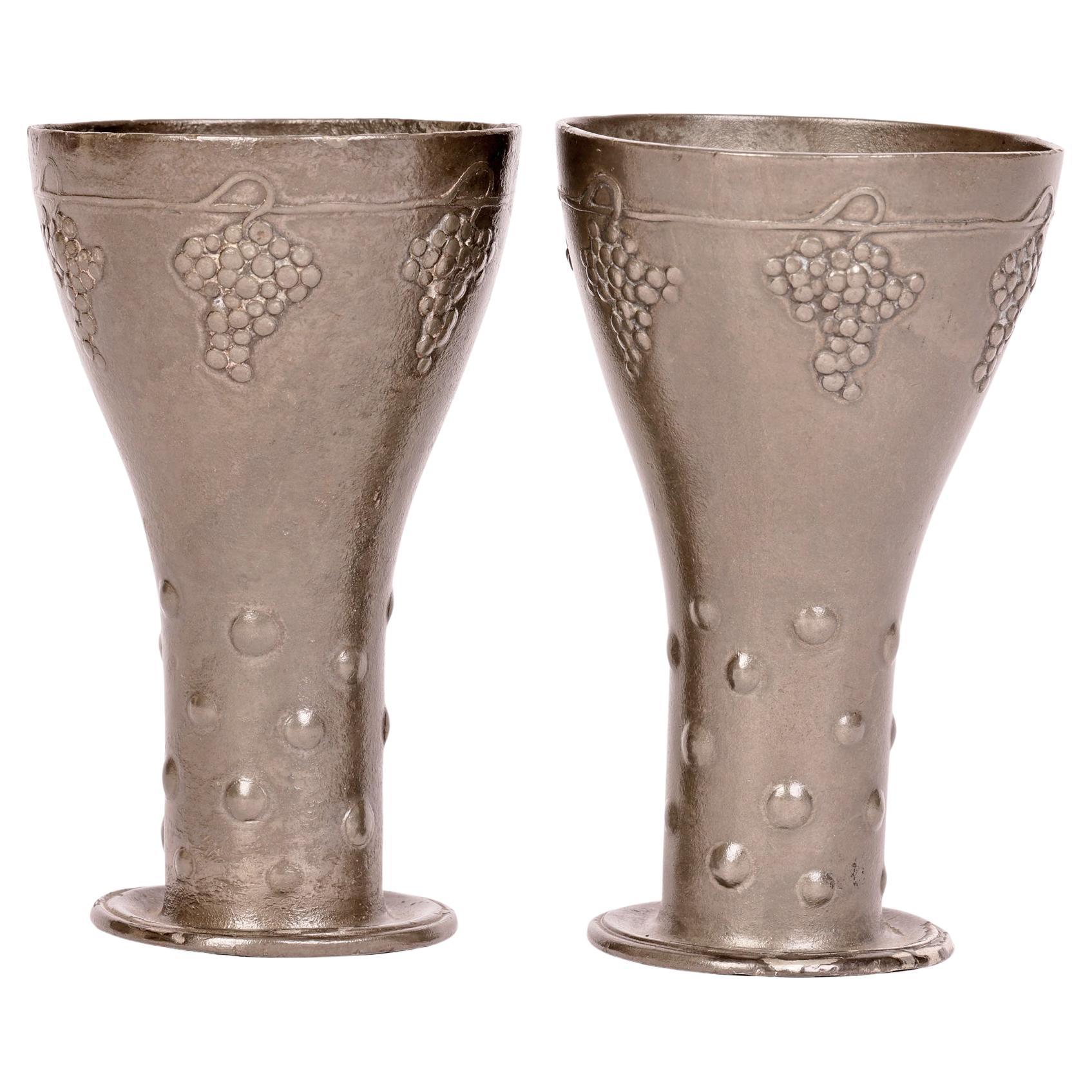 Friedrich Adler Osiris Pair Isis Jugendstil Pewter Wine Goblets Circa 1900 