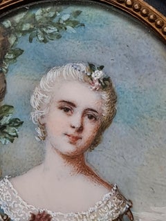 Miniature Portrait of 18th Century Lady, Gouache, Belle Epoque, Signed