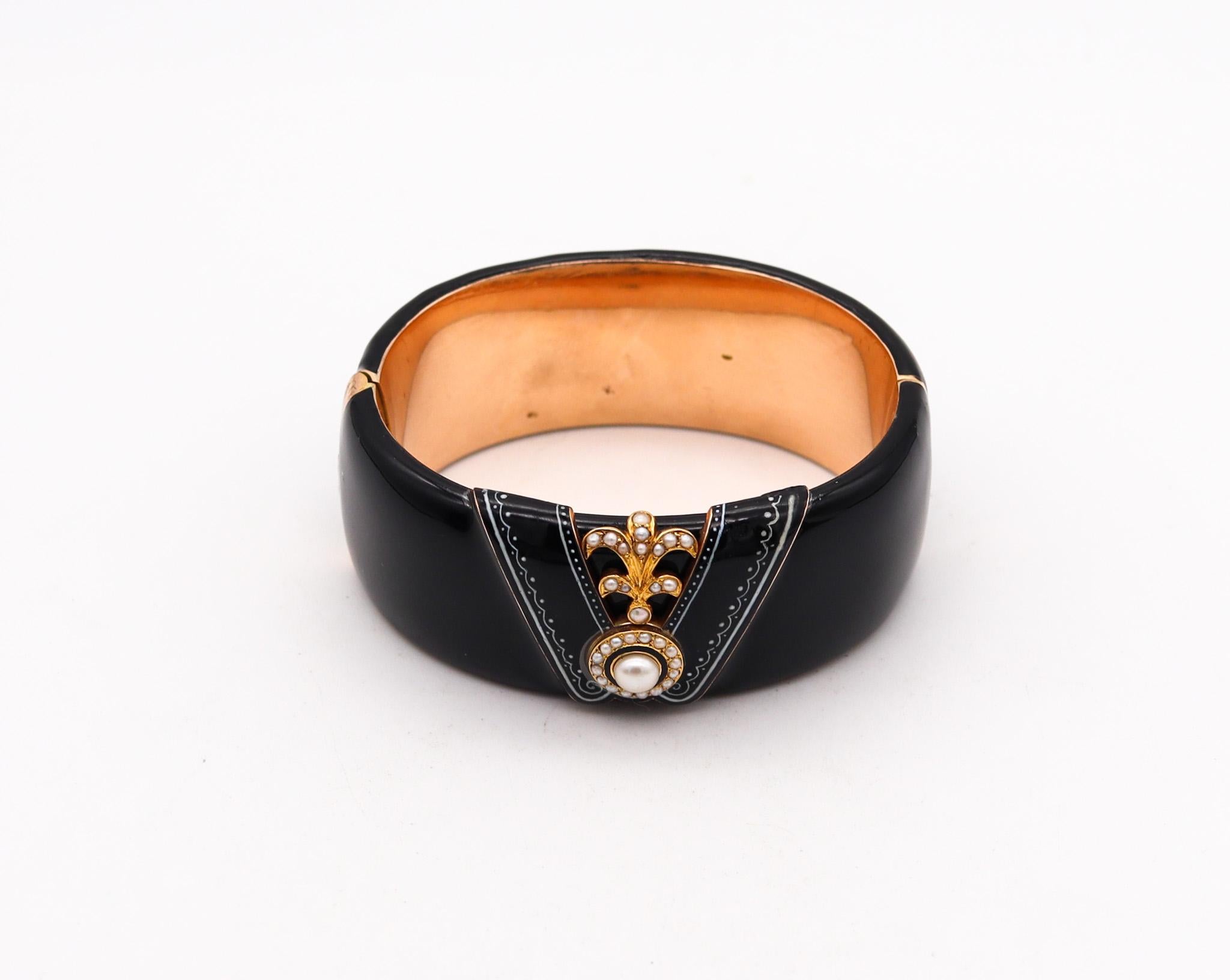 Tardo vittoriano FRIEDRICH DRAXLER 1880 Bangle vittoriano smaltato nero in oro 14Kt con perle in vendita
