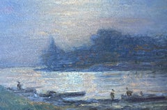 Petite peinture allemande romantique du 19ème siècle - Francfort au coucher du soleil - Père fils